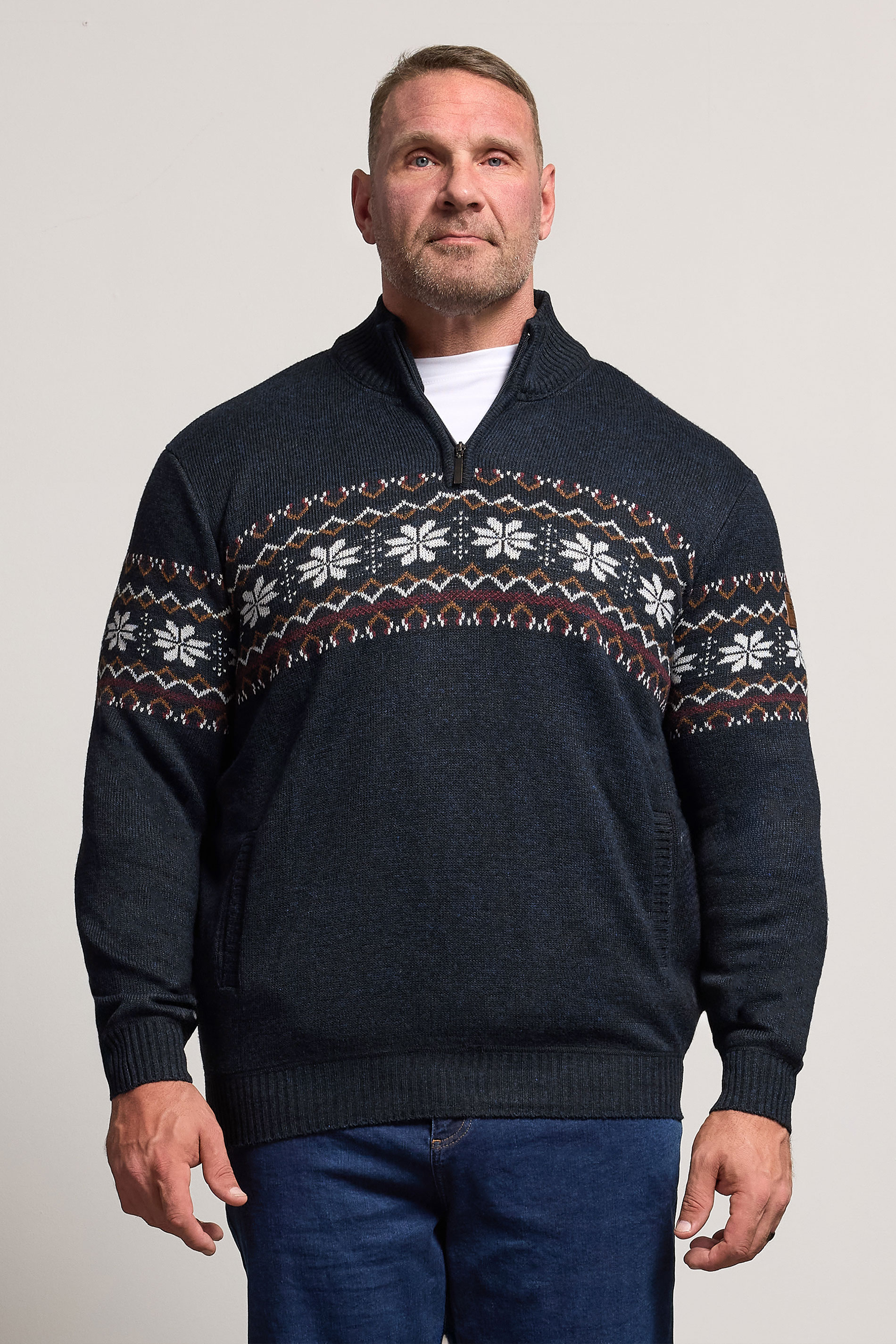 D555 Big & Tall Navy Blue Fairisle Quarter Zip Knitted Jumper | BadRhino 1