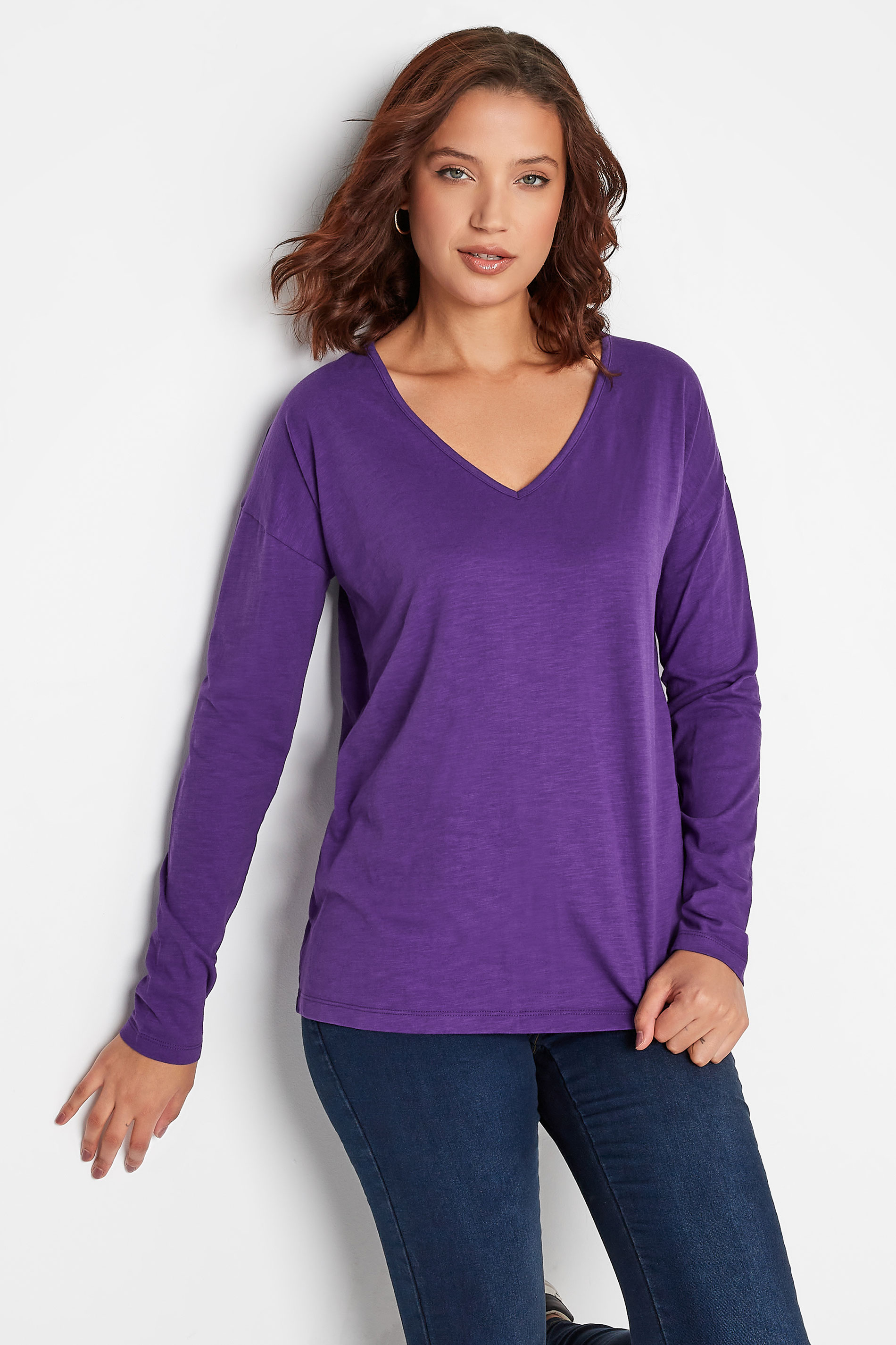 LTS Tall Women's Purple V-Neck Long Sleeve Cotton T-Shirt | Long Tall Sally 1