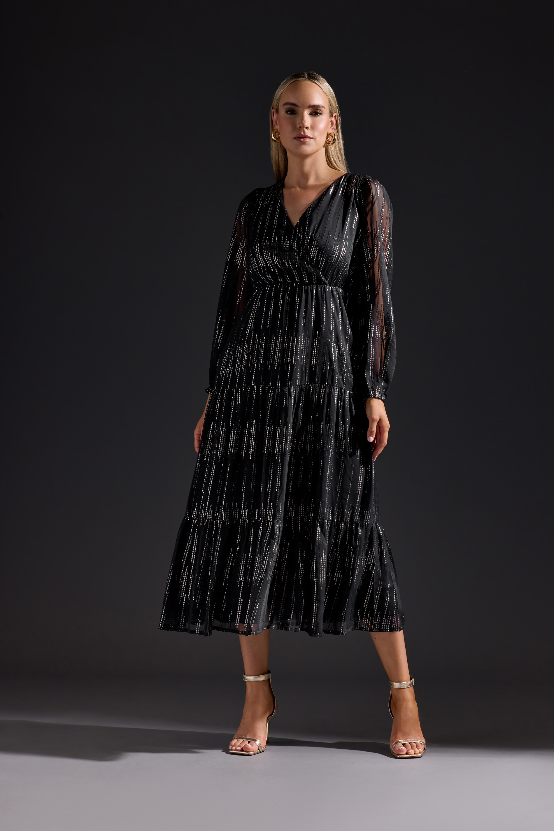 LTS Tall Black Metallic Dash Tiered Midaxi Dress | Long Tall Sally 5