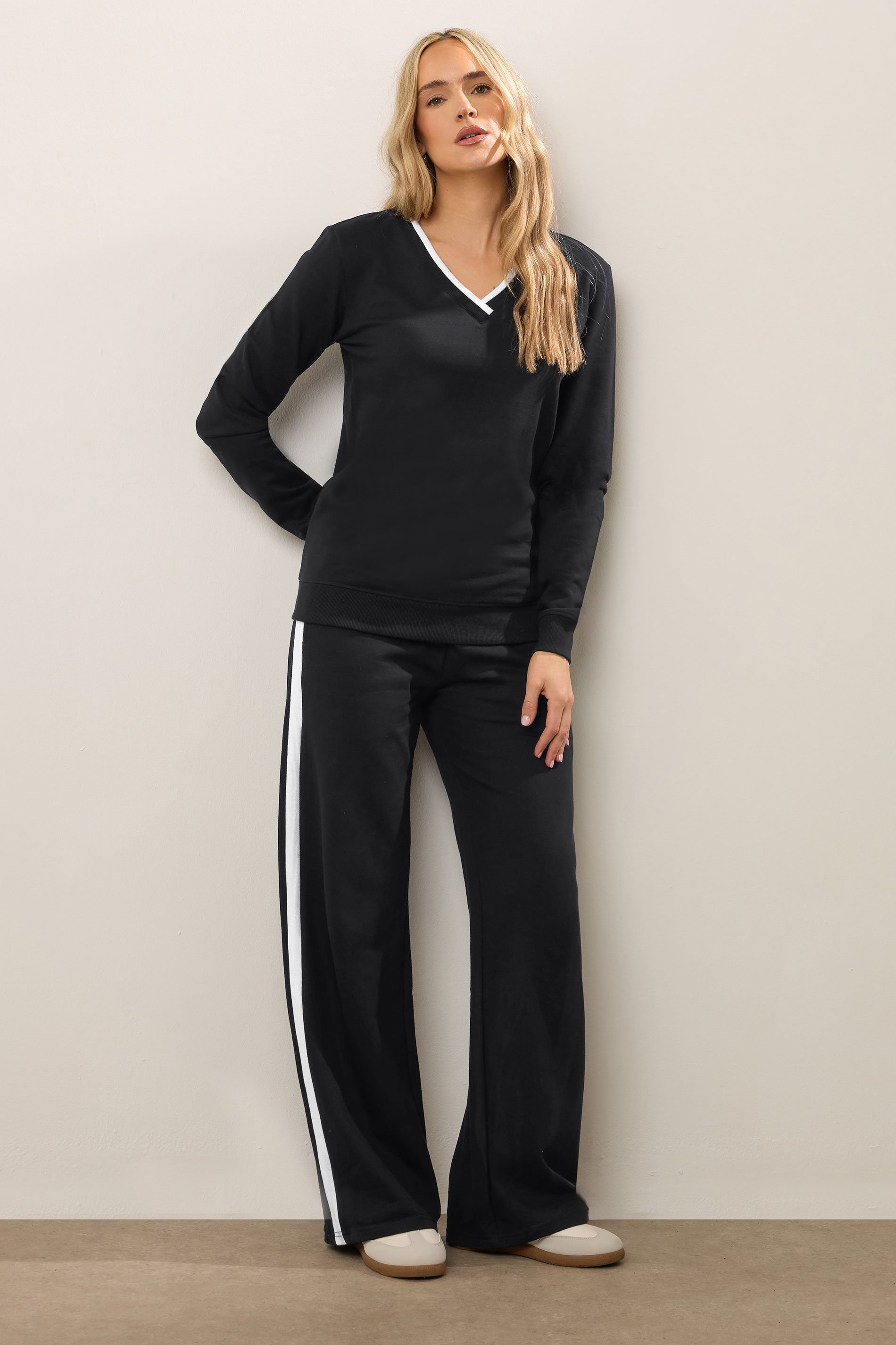 LTS Tall Black Ribbed Striped Wide Leg Joggers | Long Tall Sally 1
