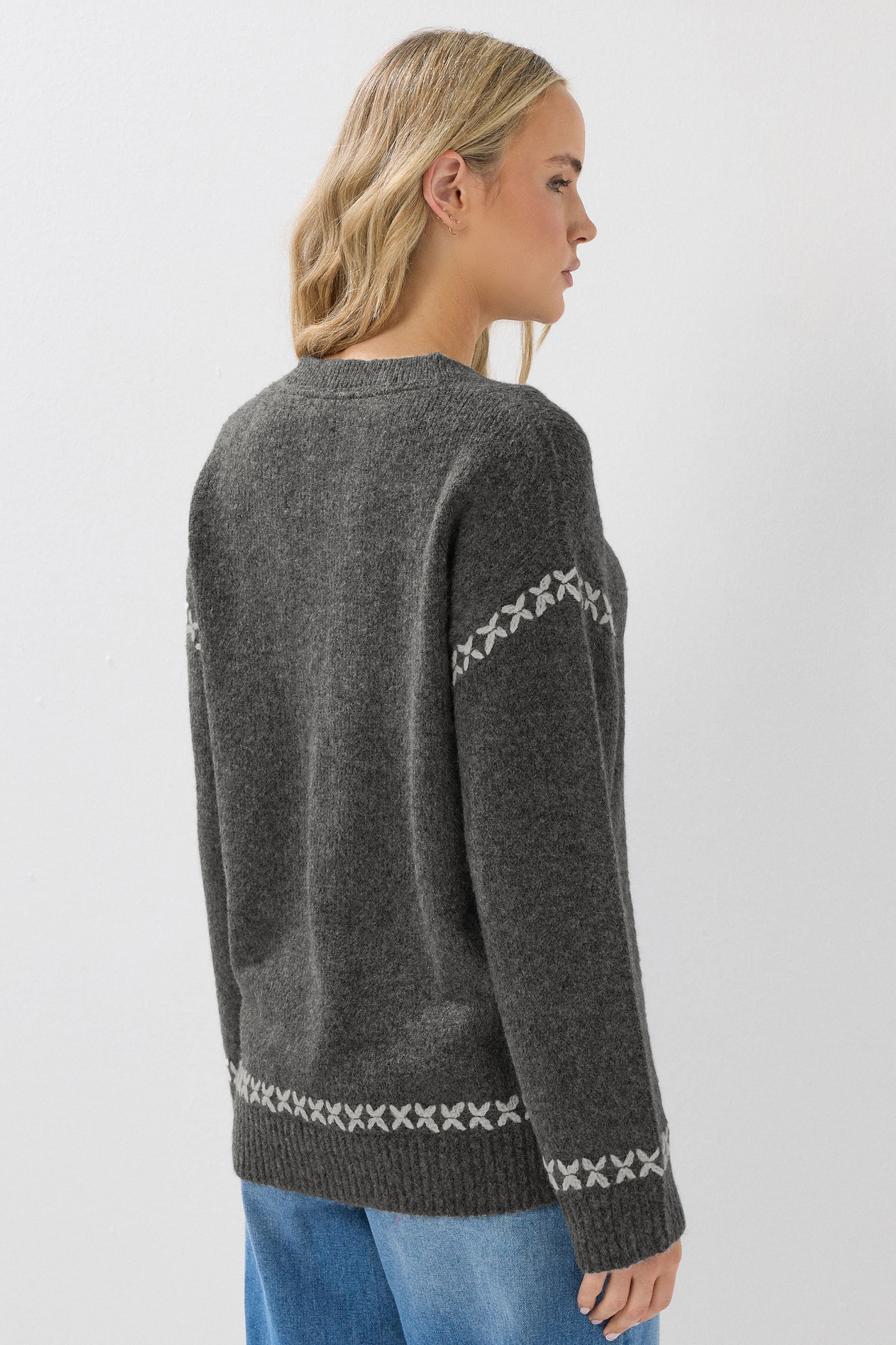 LTS Tall Grey Knitted Cross Stitch Jumper | Long Tall Sally 3