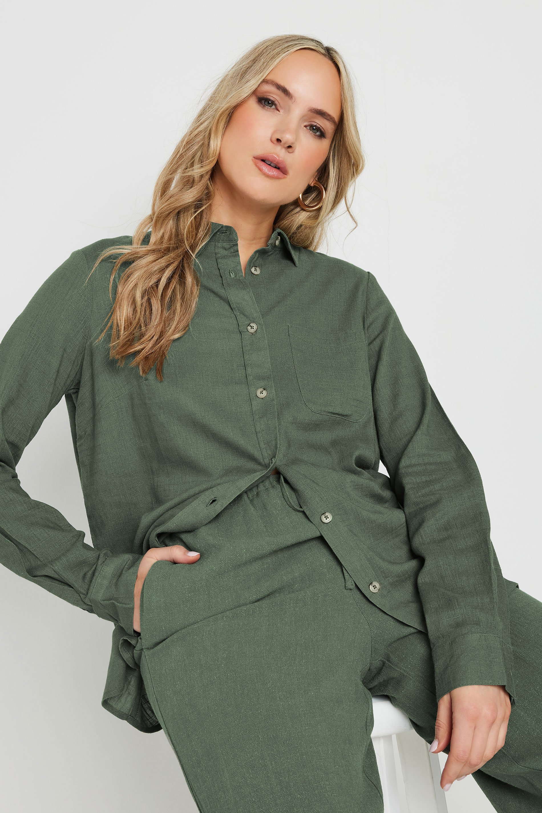 LTS Tall Khaki Green Linen Oversized Long Sleeve Shirt | Long Tall Sally 3