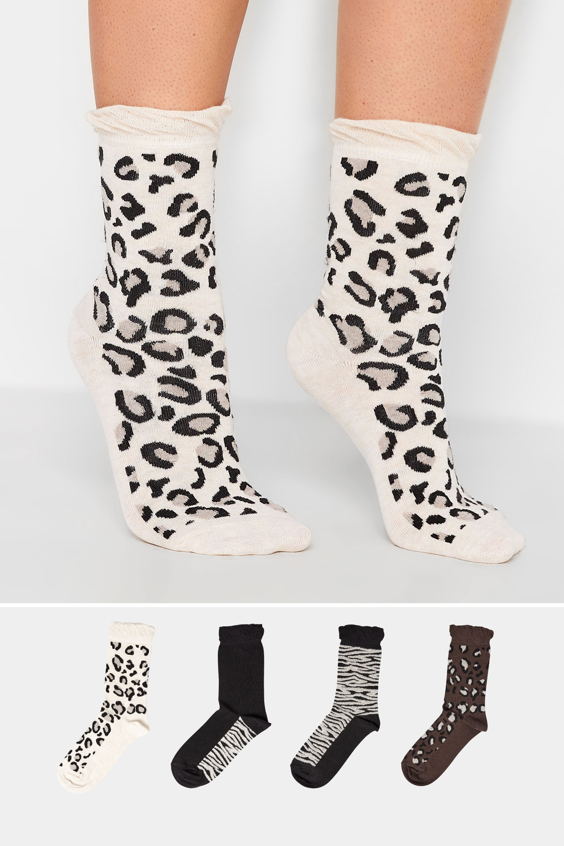 4 PACK White & Black Animal Print Socks | Yours Clothing  1