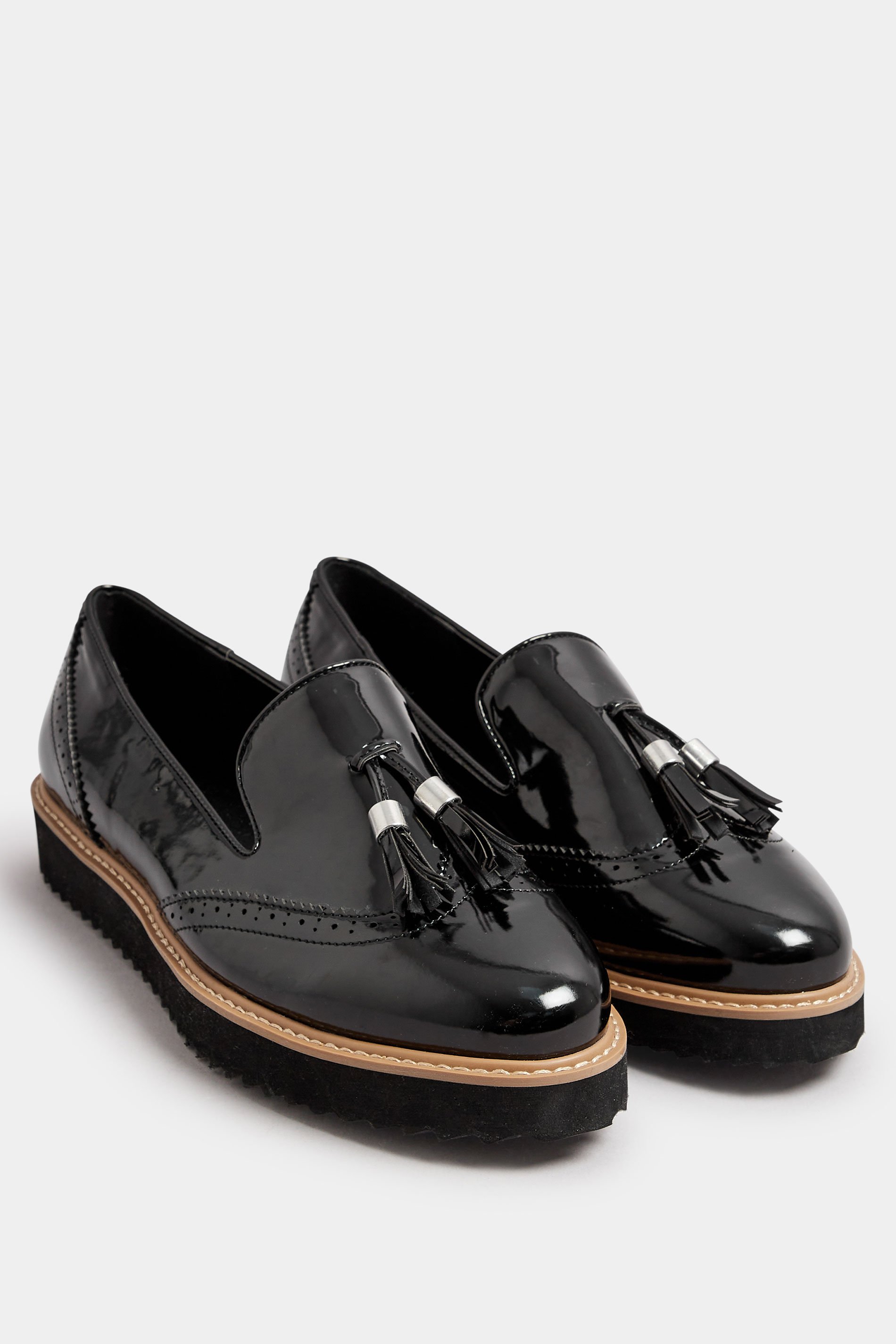 Black Brogued Patent Tassel Loafers In Extra Wide EEE Fit | Yours Clothing 2