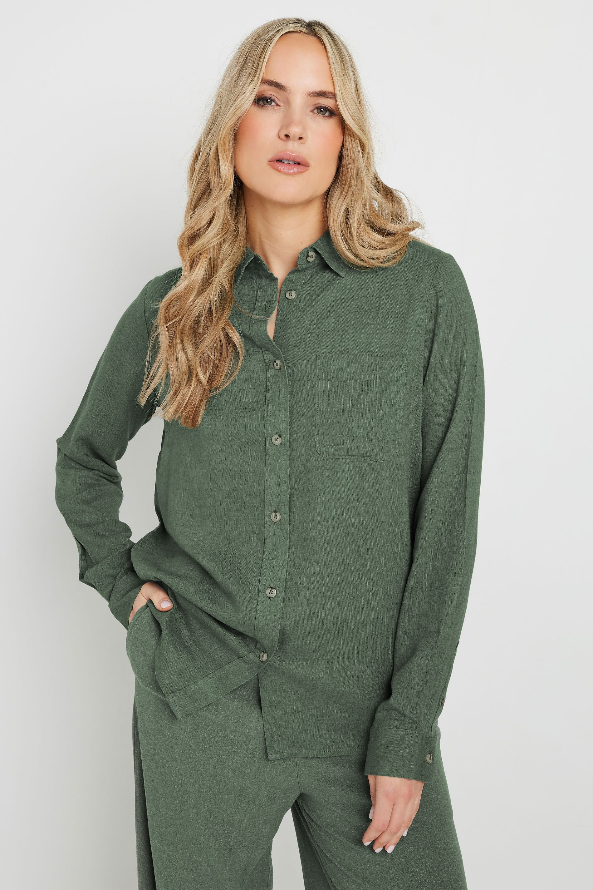 LTS Tall Khaki Green Linen Oversized Long Sleeve Shirt | Long Tall Sally 2