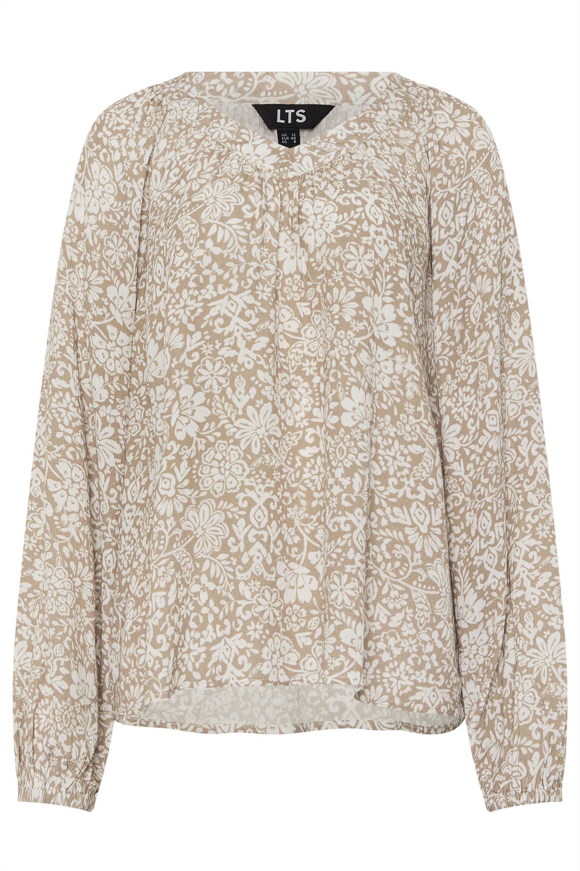 LTS Tall Natural Brown Floral Crinkle Blouse | Long Tall Sally  1