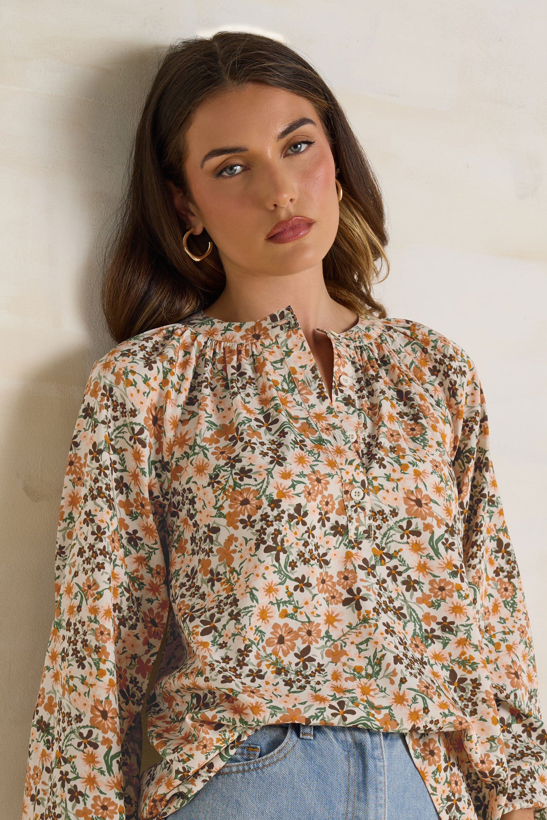LTS Tall Natural Brown Floral Half Button Blouse | Long Tall Sally 4