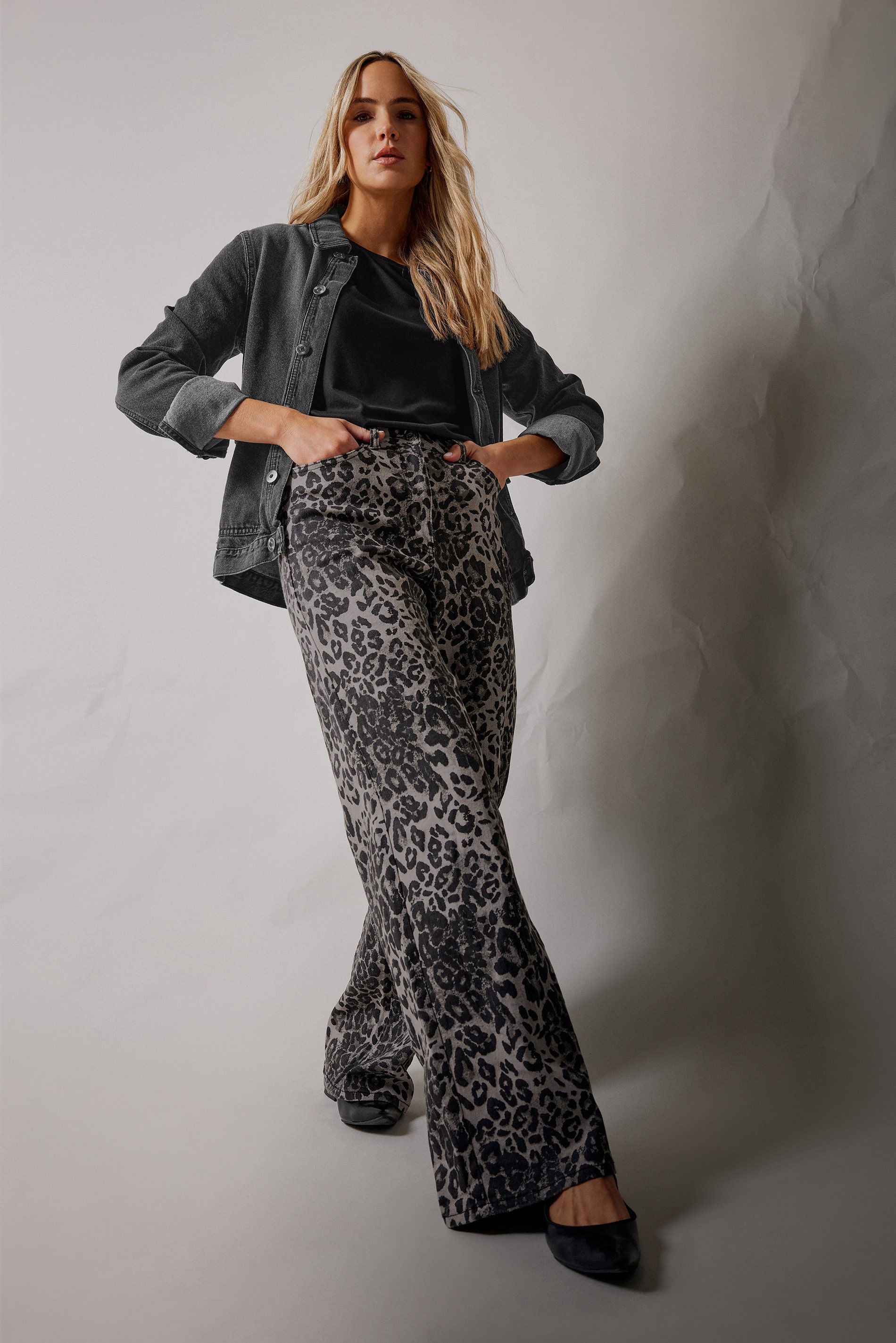 LTS Tall Grey Leopard Print Wide Leg Jeans | Long Tall Sally 1