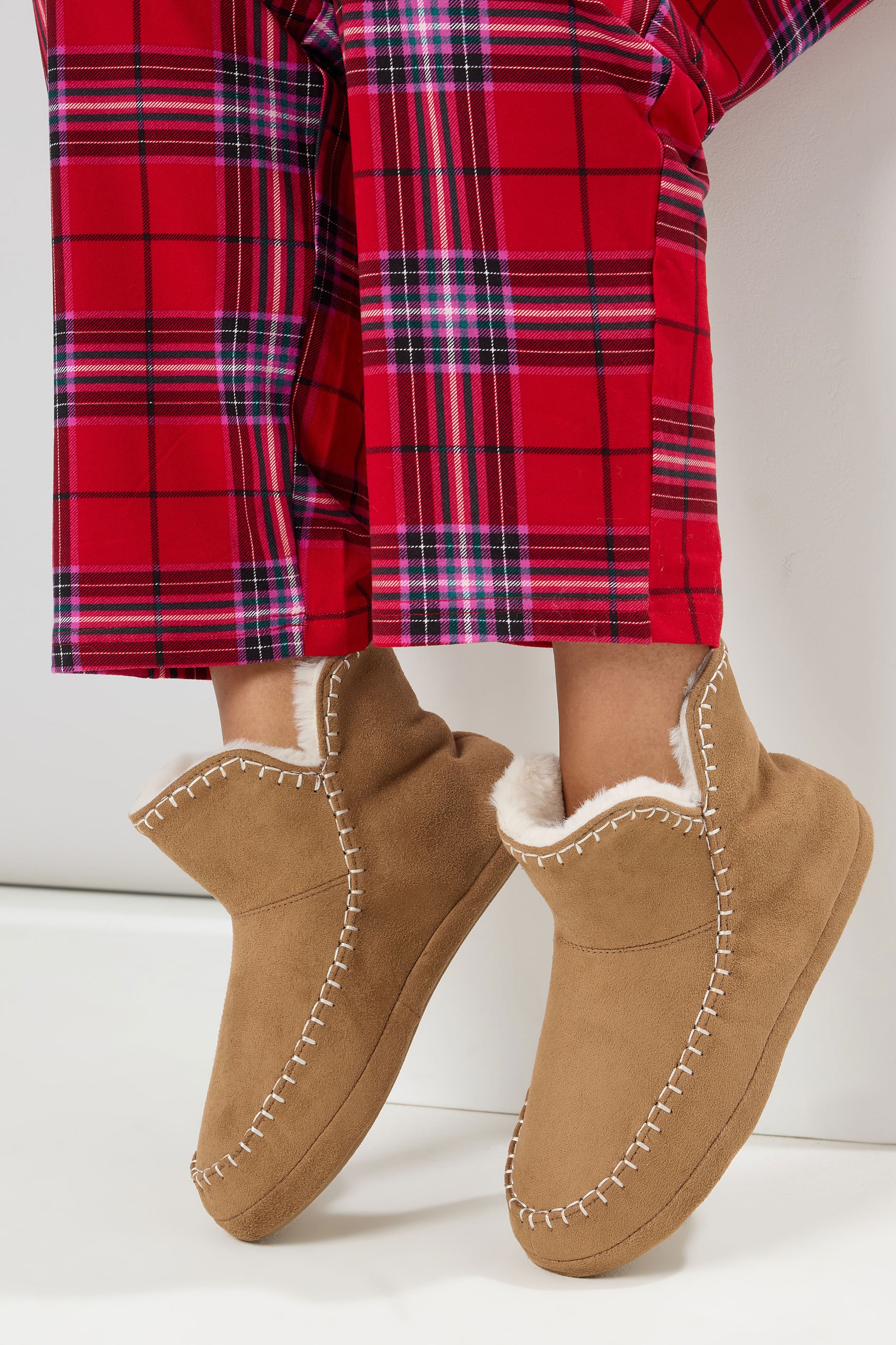 Tan Brown Whipstitch Boot Slippers | Yours Clothing 1