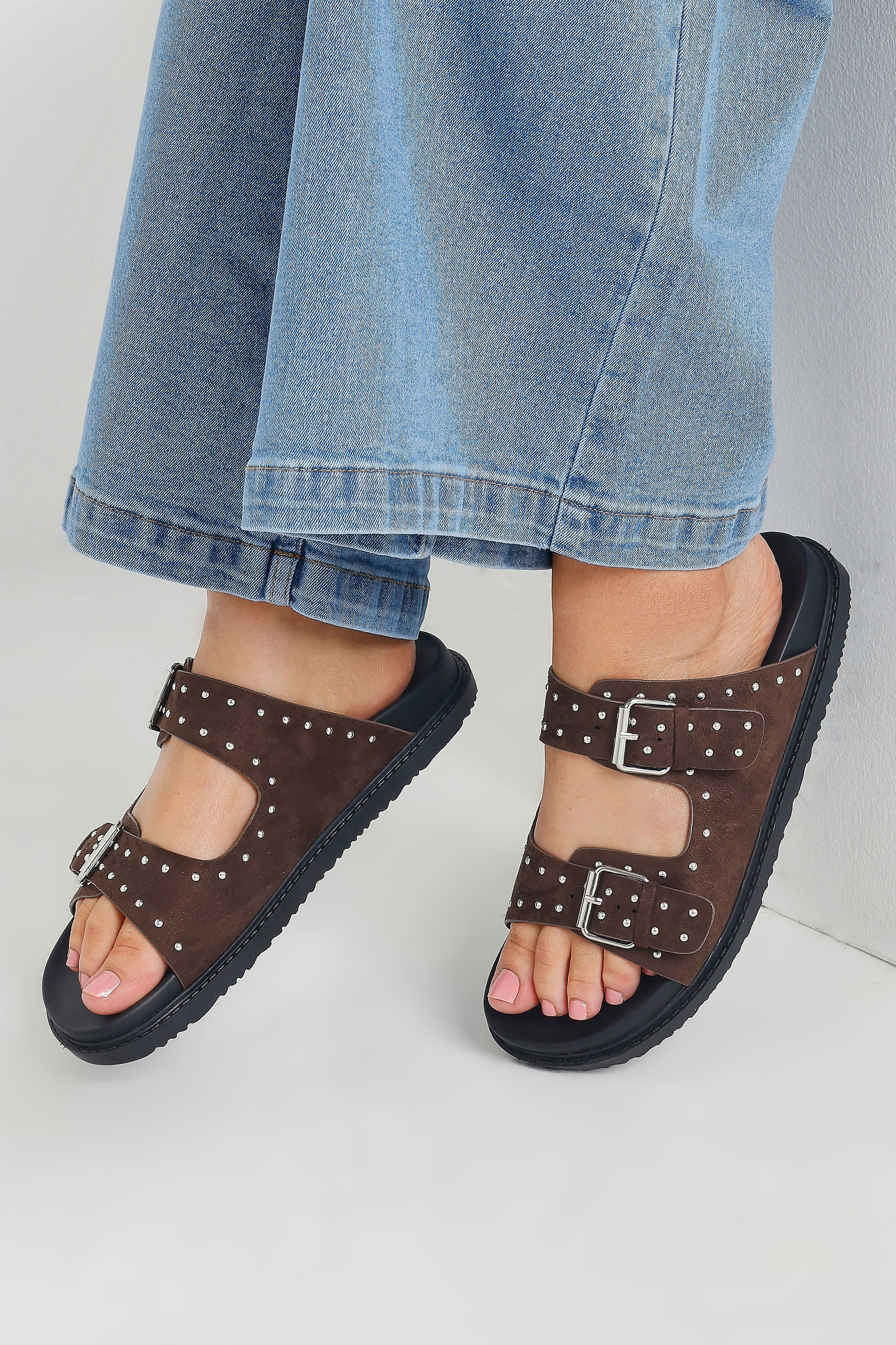 Brown Studded Buckle Strap Sandals In Extra Wide EEE Fit | Yours Clothing 1