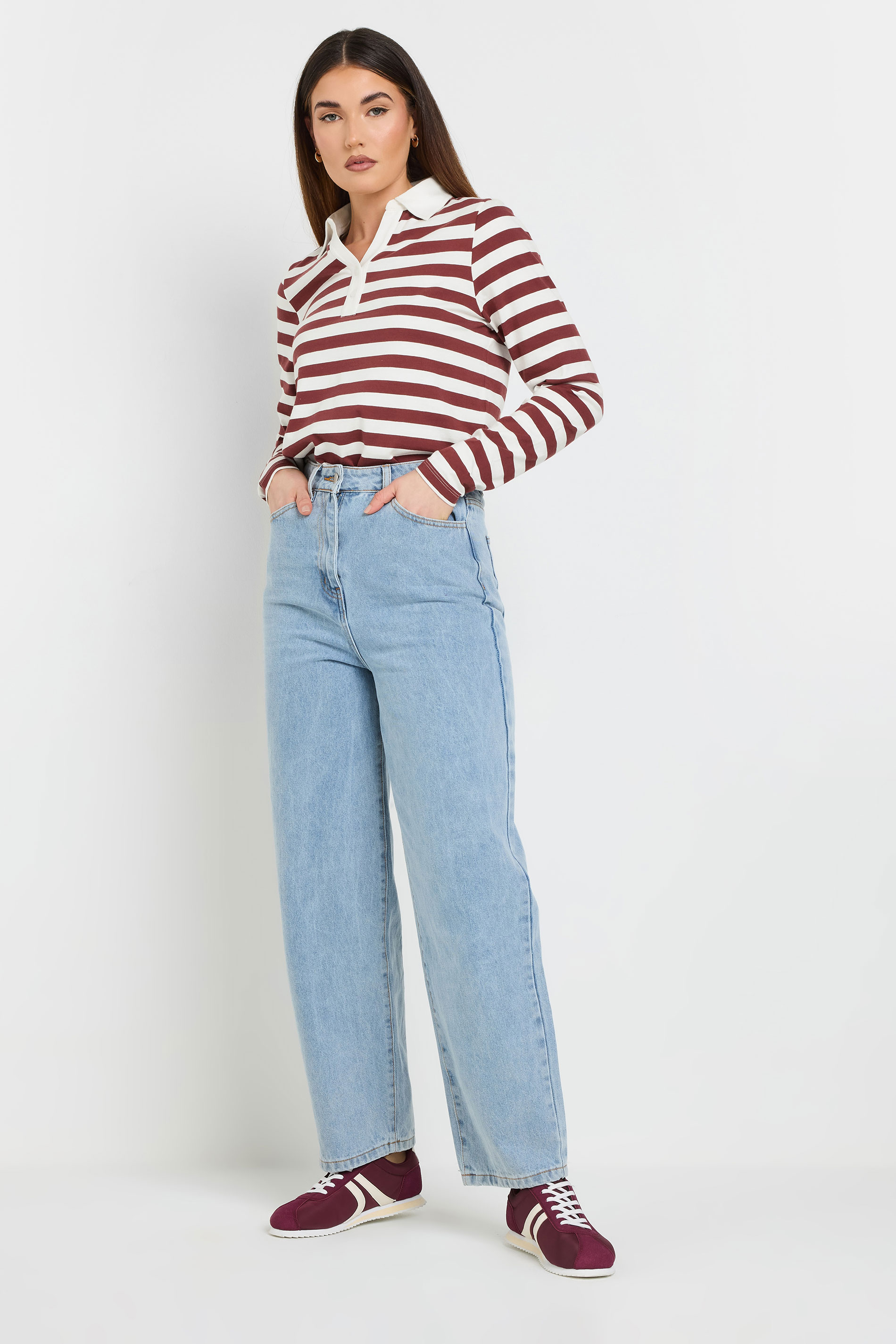 LTS Tall Burgundy Red Stripe Placket Polo Top | Long Tall Sally 3