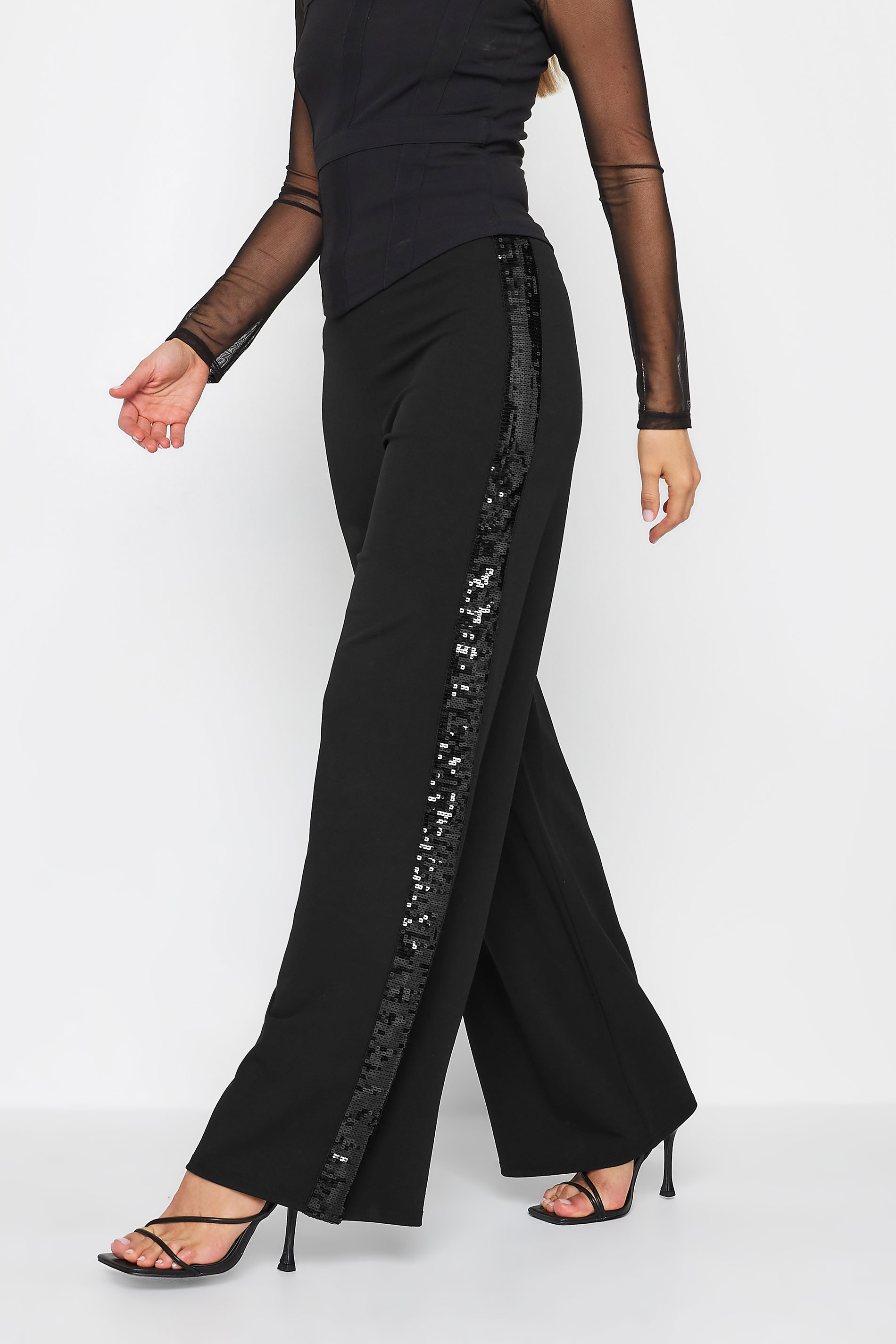 LTS Tall Black Sequin Stripe Wide Leg Trousers | Long Tall Sally  1