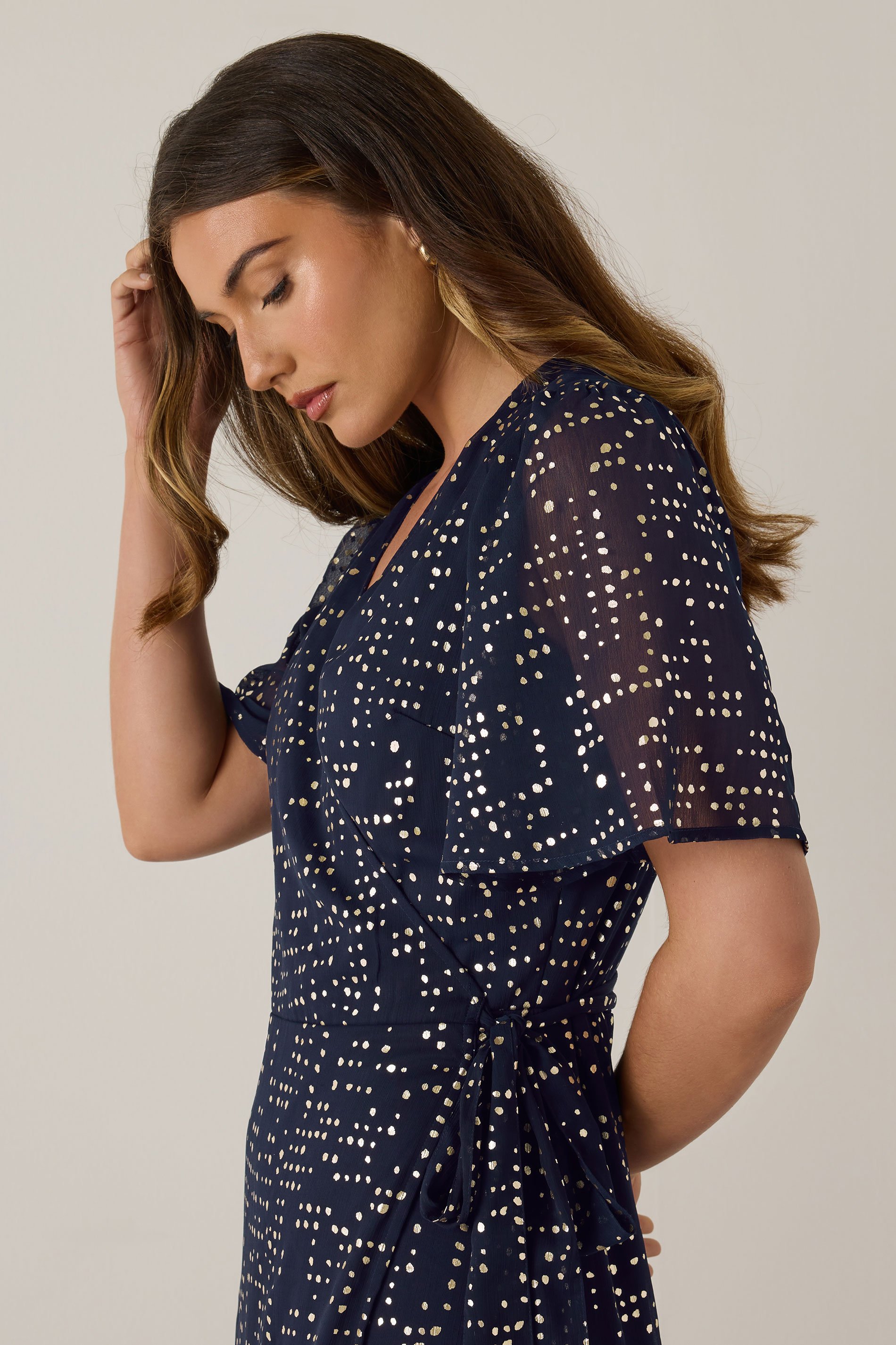 LTS Tall Navy Blue Chiffon Foil Dot Wrap Dress | Long Tall Sally 4