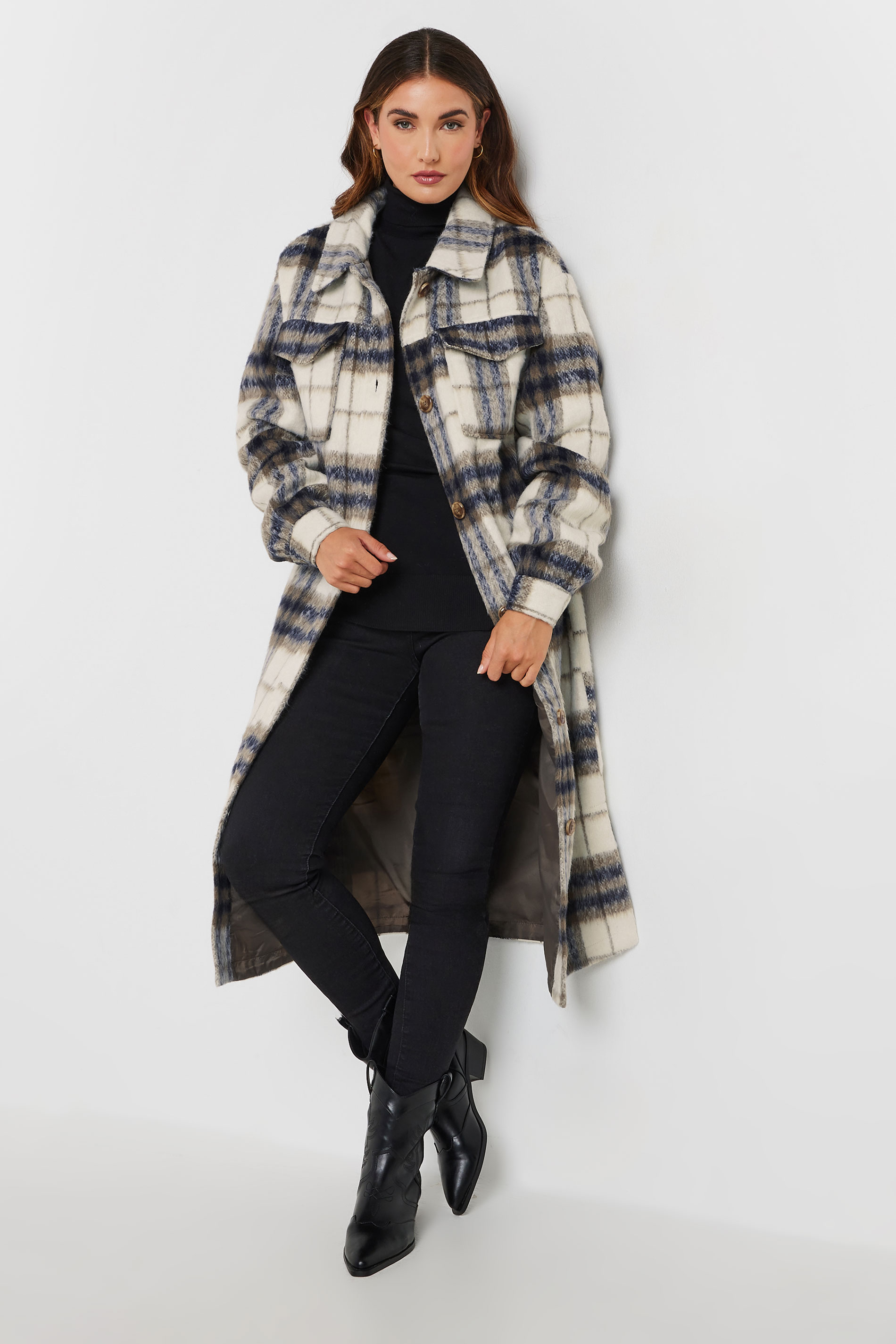 LTS Tall Blue Blurred Check Print Longline Shacket | Long Tall Sally 2