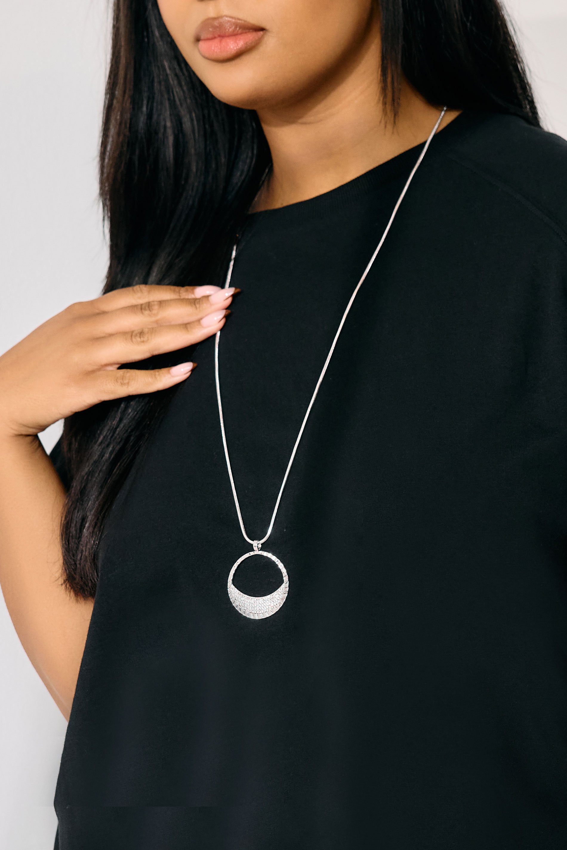 Silver Tone Crescent Pendant Long Necklace | Yours Clothing 1
