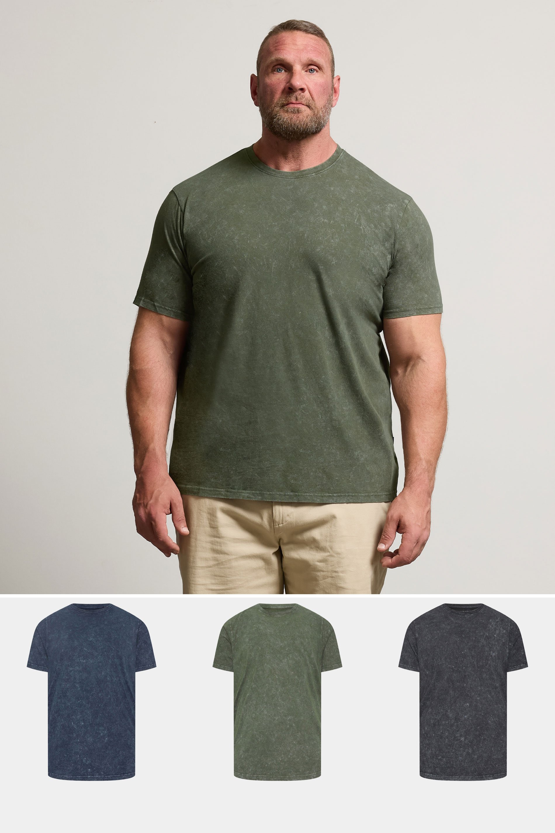 BadRhino Big & Tall 3 PACK Khaki & Navy Acid Wash T-Shirts | BadRhino 1