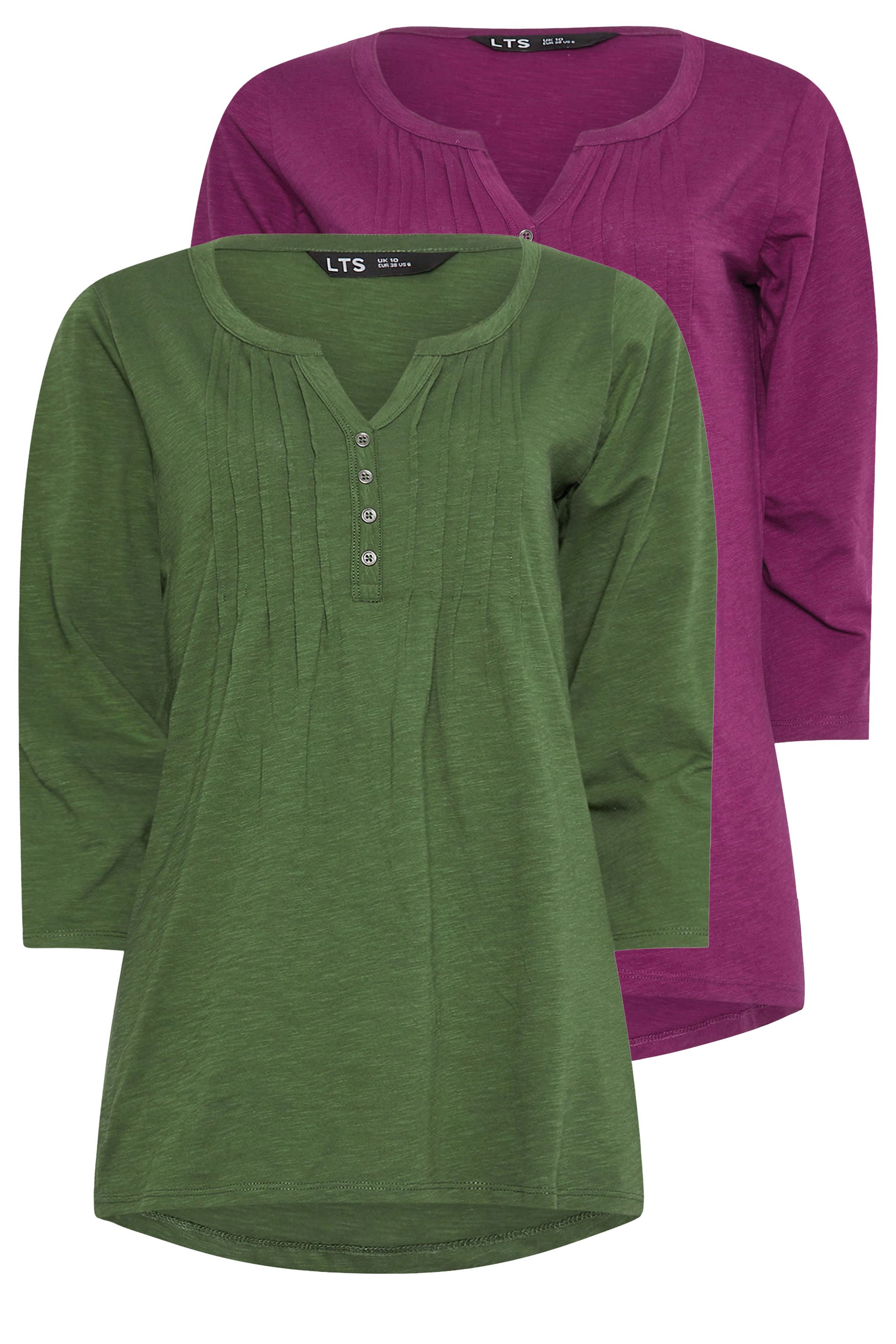LTS Tall 2 PACK Khaki Green & Dark Pink Henley Tops | Long Tall Sally 7