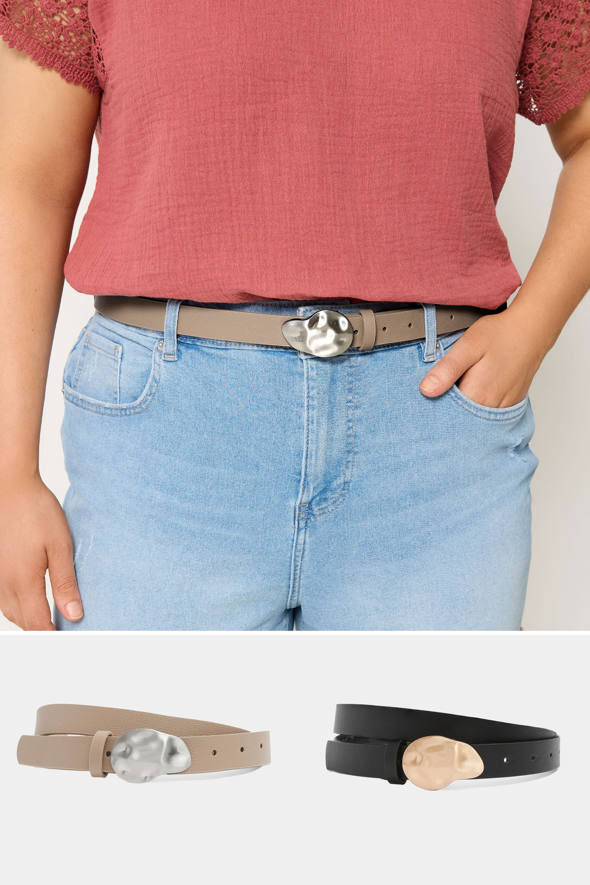 YOURSET 2 PACK Black & Taupe Brown Hammered Detail Belts | Yours Clothing 1