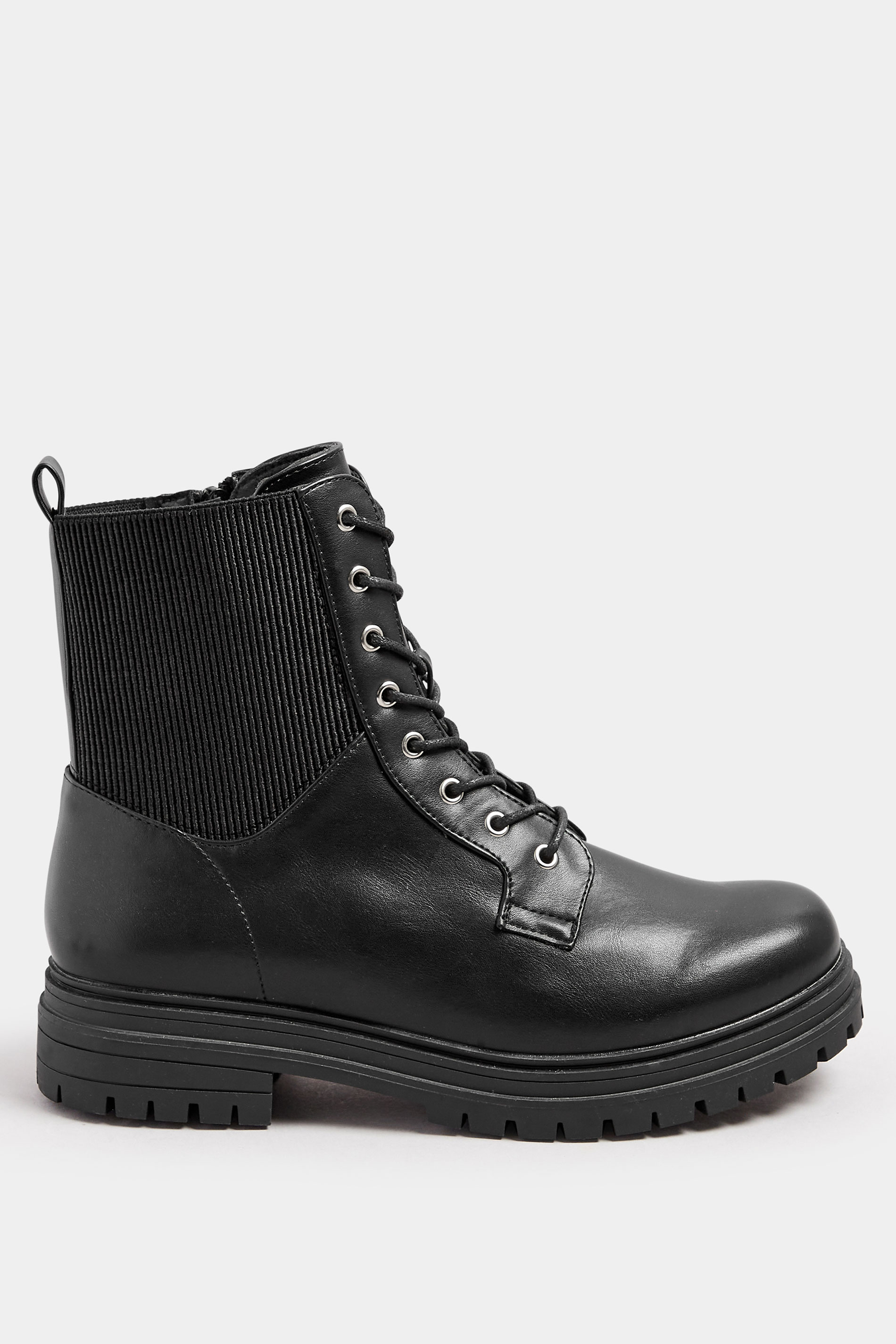 Black Stretch Panel Lace Up Chunky Boots In Wide E Fit & Extra Wide EEE Fit | Yours Clothing 3