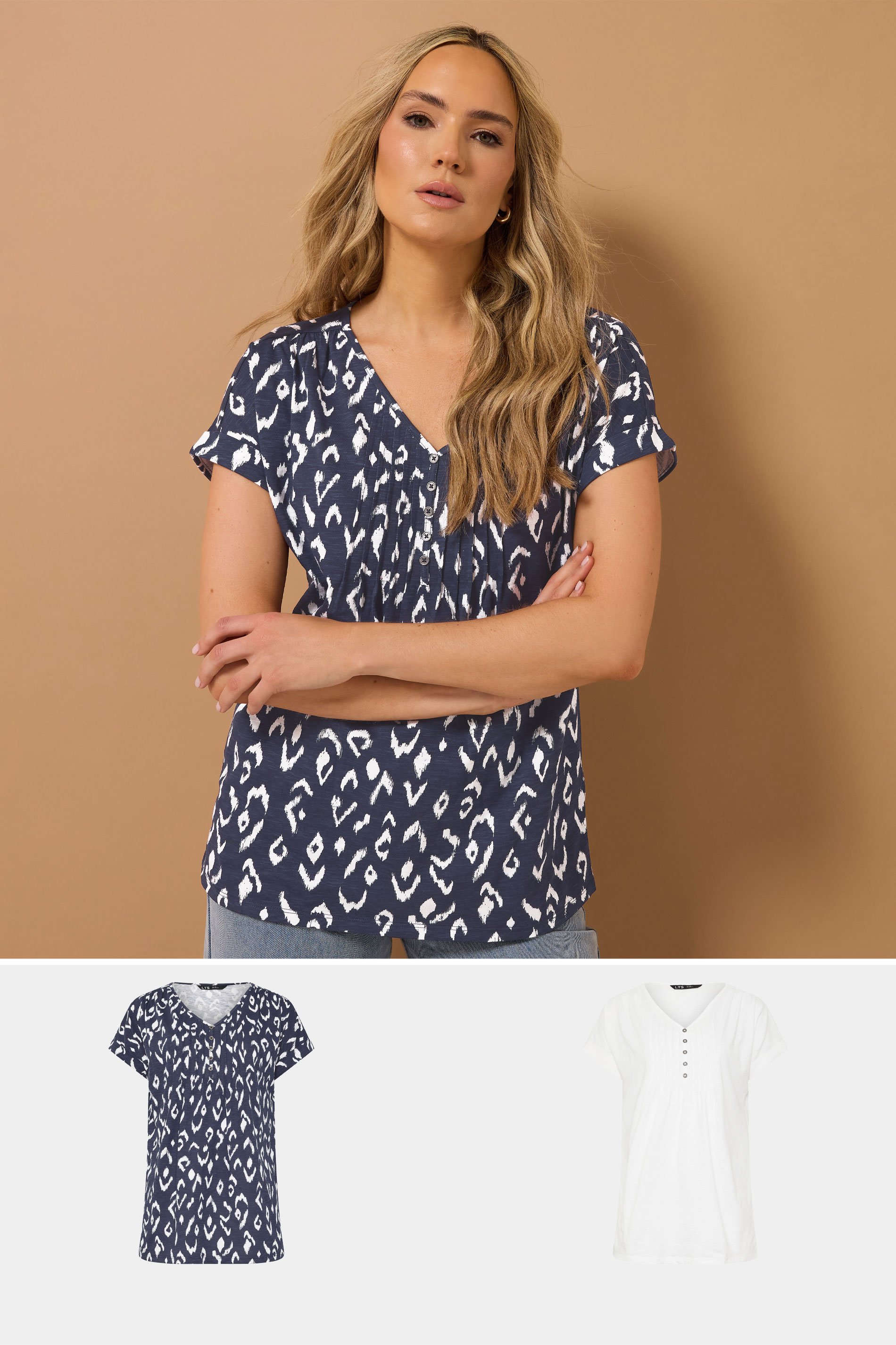 LTS Tall 2 PACK Navy Blue & White Abstract Cotton Henley Tops | Long Tall Sally 1