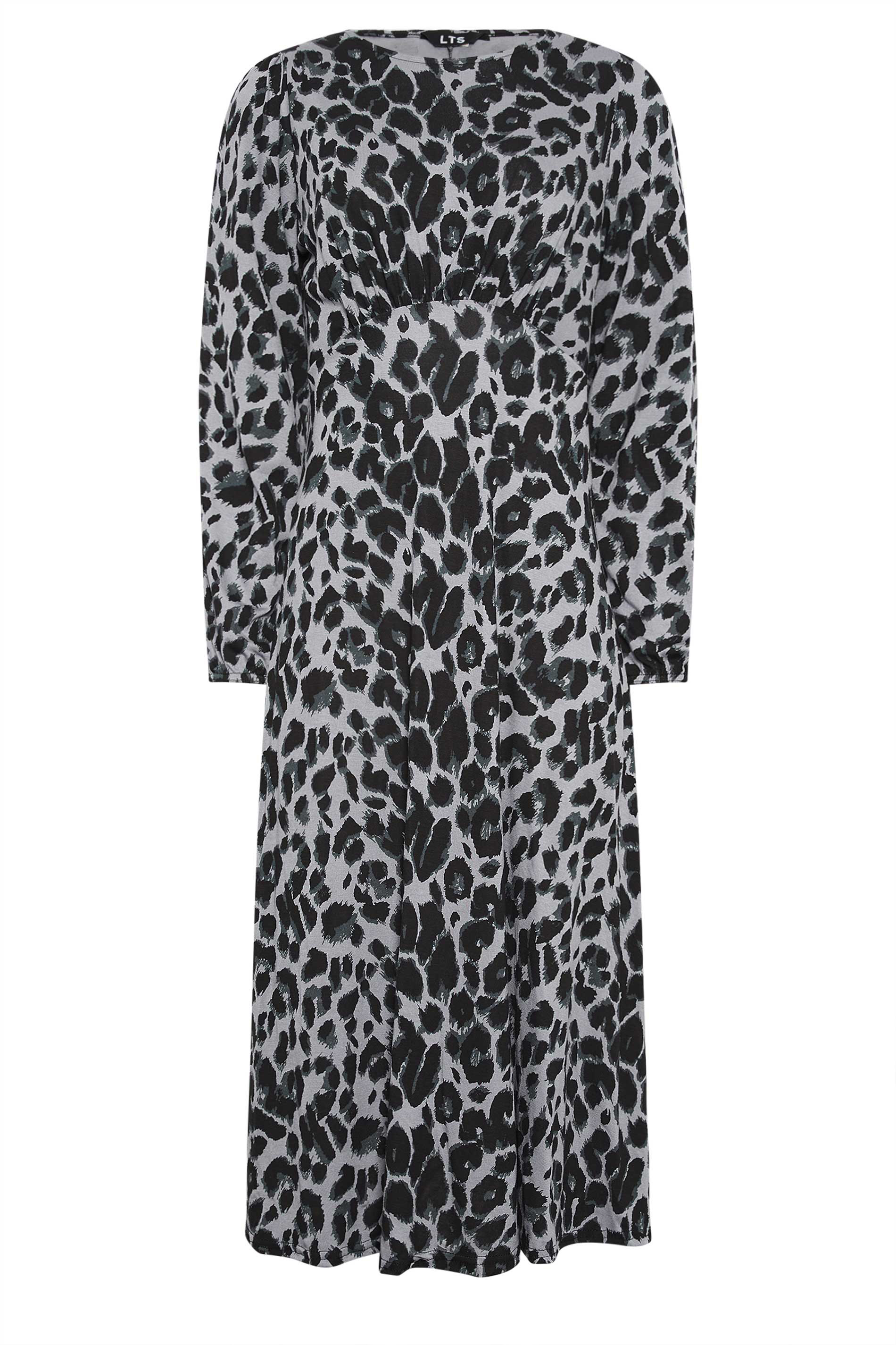 LTS Tall Charcoal Grey Long Sleeve Animal Print Midi Tea Dress | Long ...