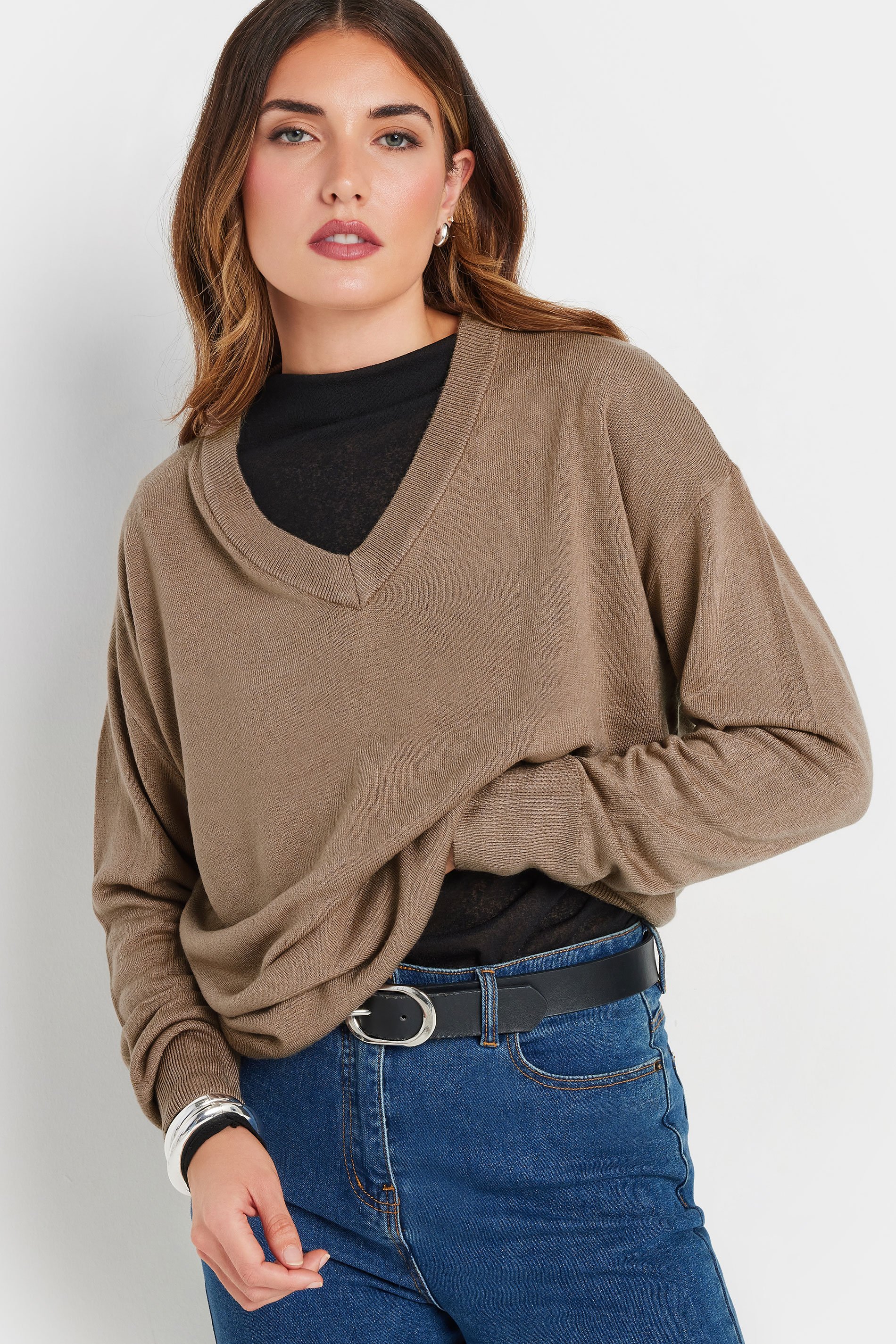 LTS Tall Beige Brown Long Sleeve V-Neck Jumper | Long Tall Sally 2