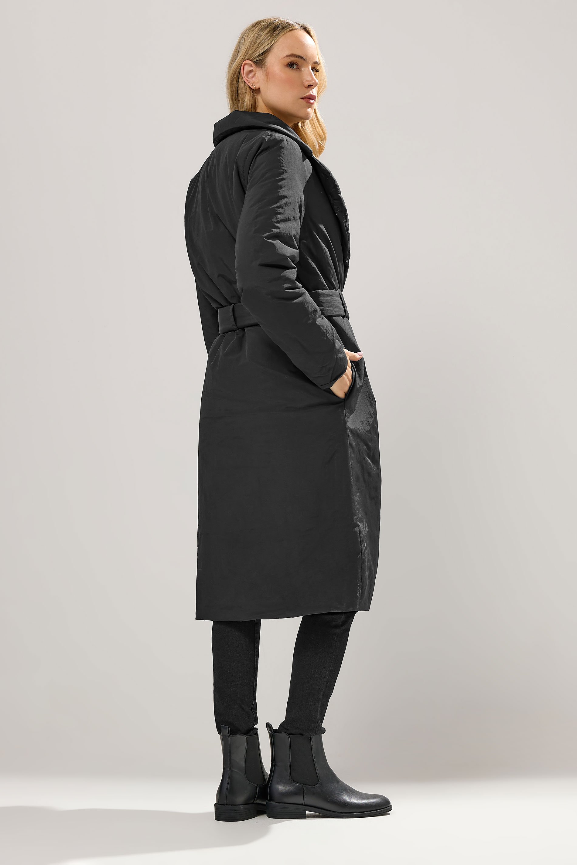 LTS Tall Black Belted Padded Midi Coat | Long Tall Sally 3