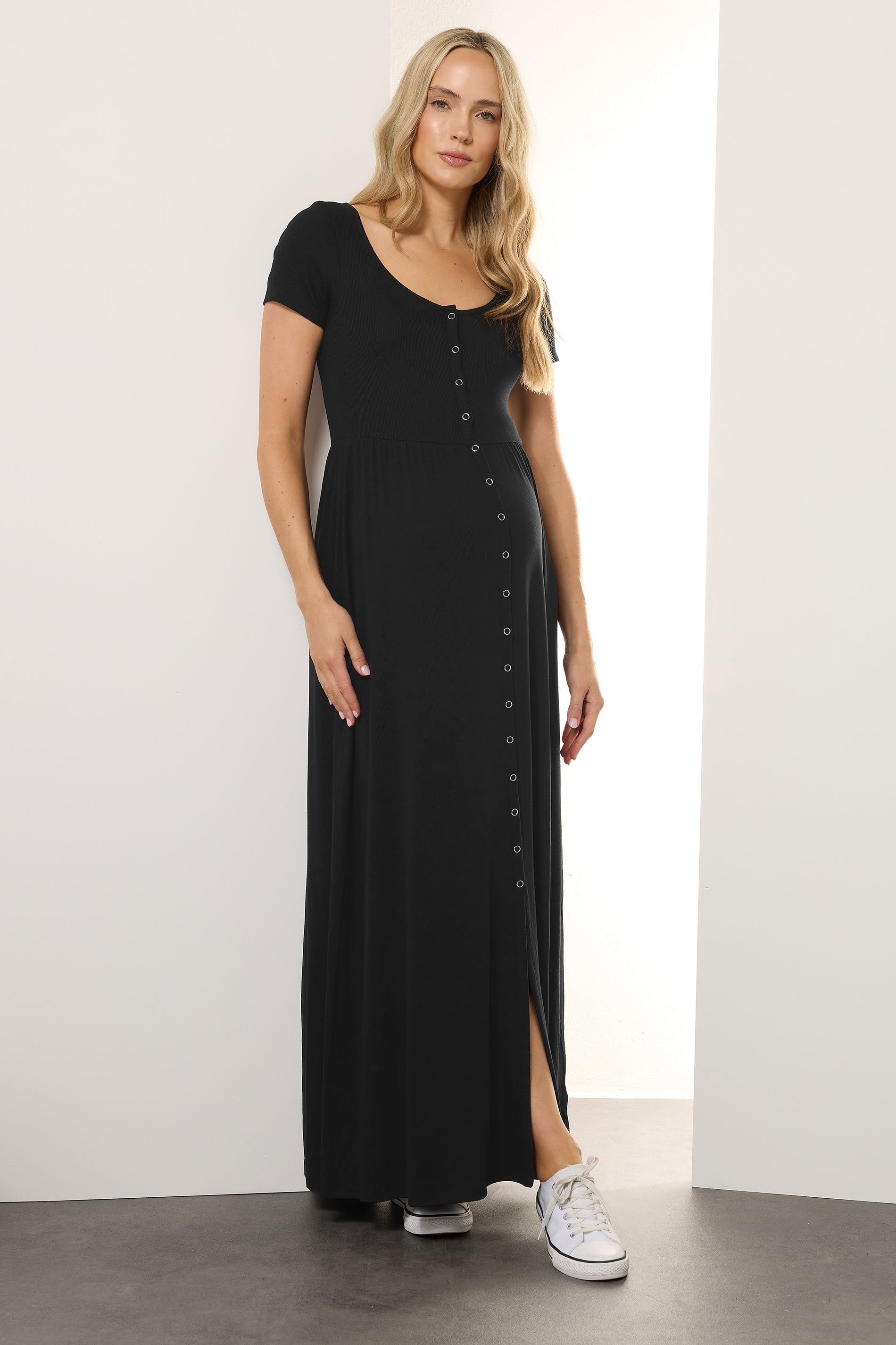 LTS Tall Maternity Black Ribbed Button Maxi Dress | Long Tall Sally 1