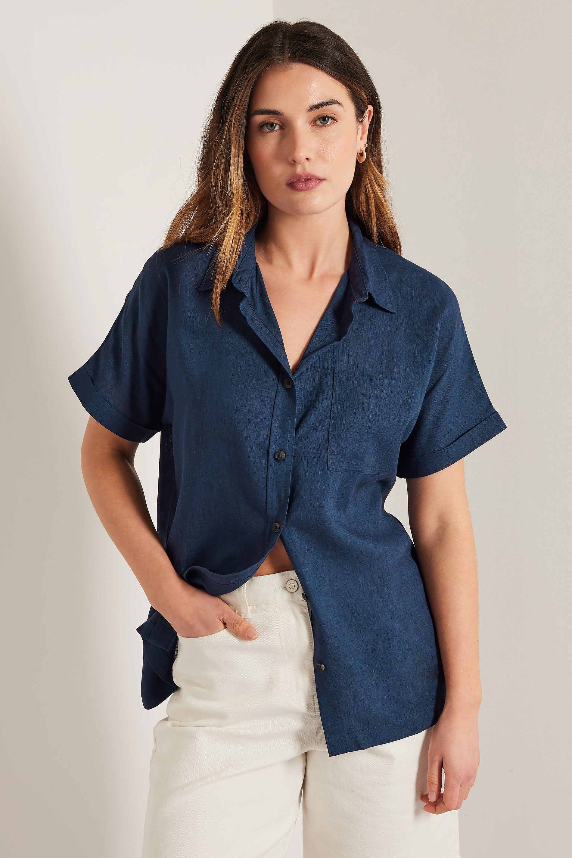 LTS Tall Navy Blue Linen Oversized Short Sleeve Shirt | Long Tall Sally 4