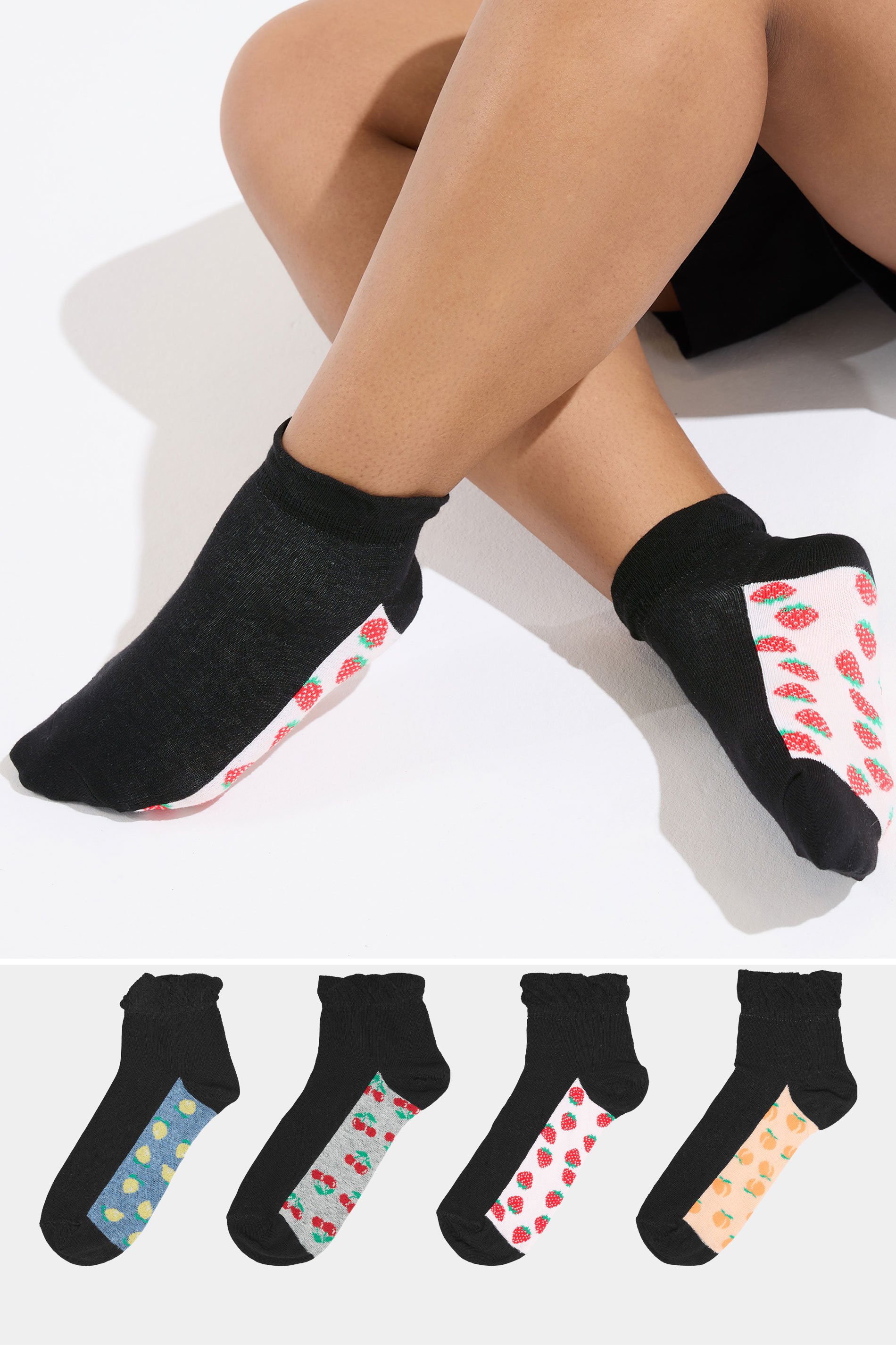 YOURS 4 PACK Plus Size Black Mixed Fruit Trainer Liner Socks | Yours Clothing 1