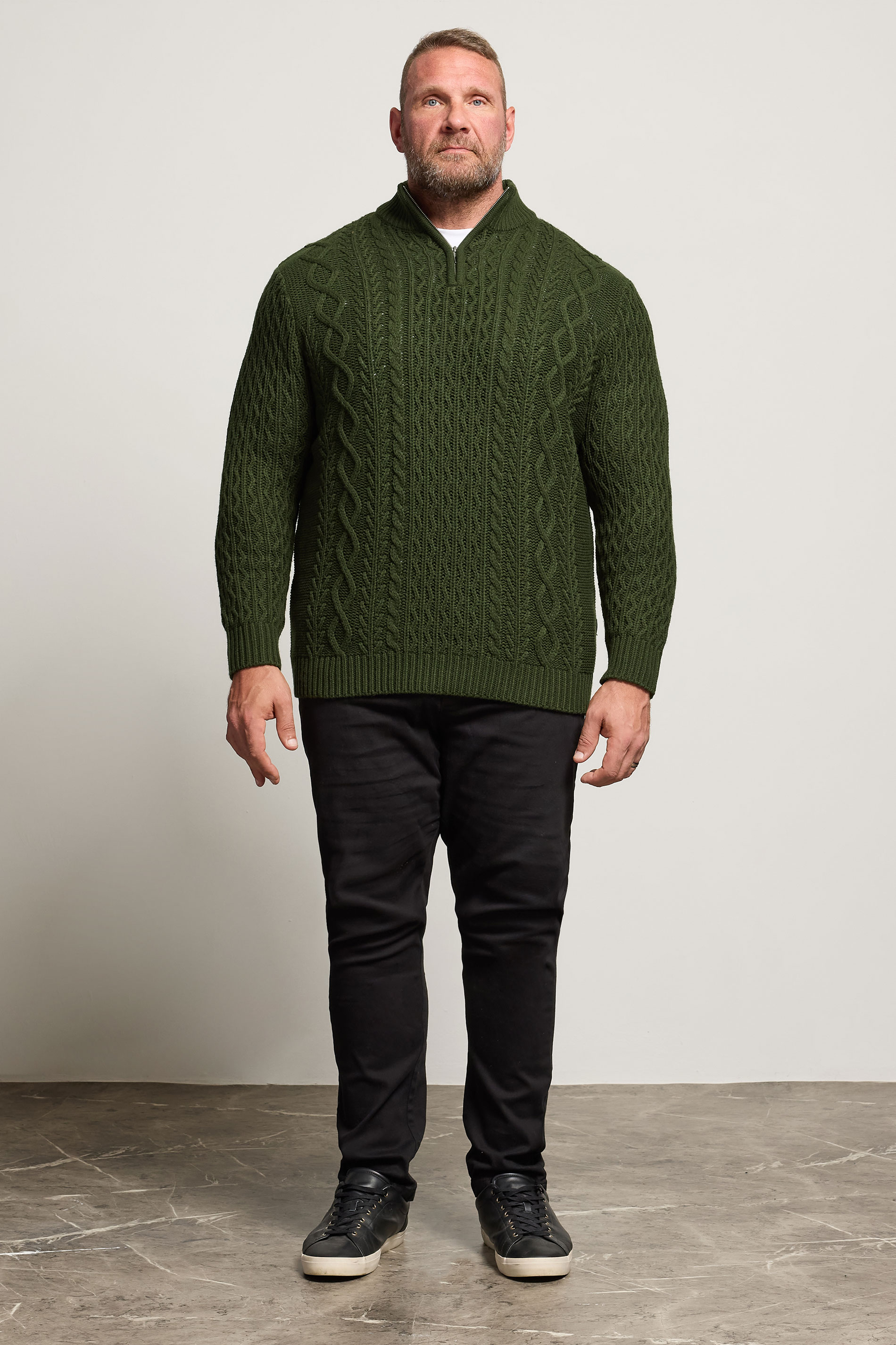 BadRhino Big & Tall Dark Green Cable Knit Quarter Zip Jumper | BadRhino 2