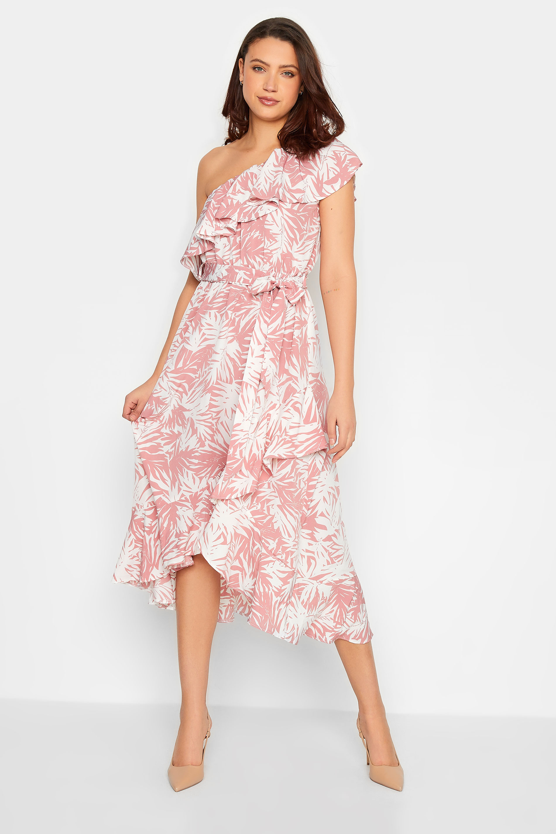 LTS Tall Women's Pink Leaf Print One Shoulder Frill Midi Dress | Long Tall Sally  1