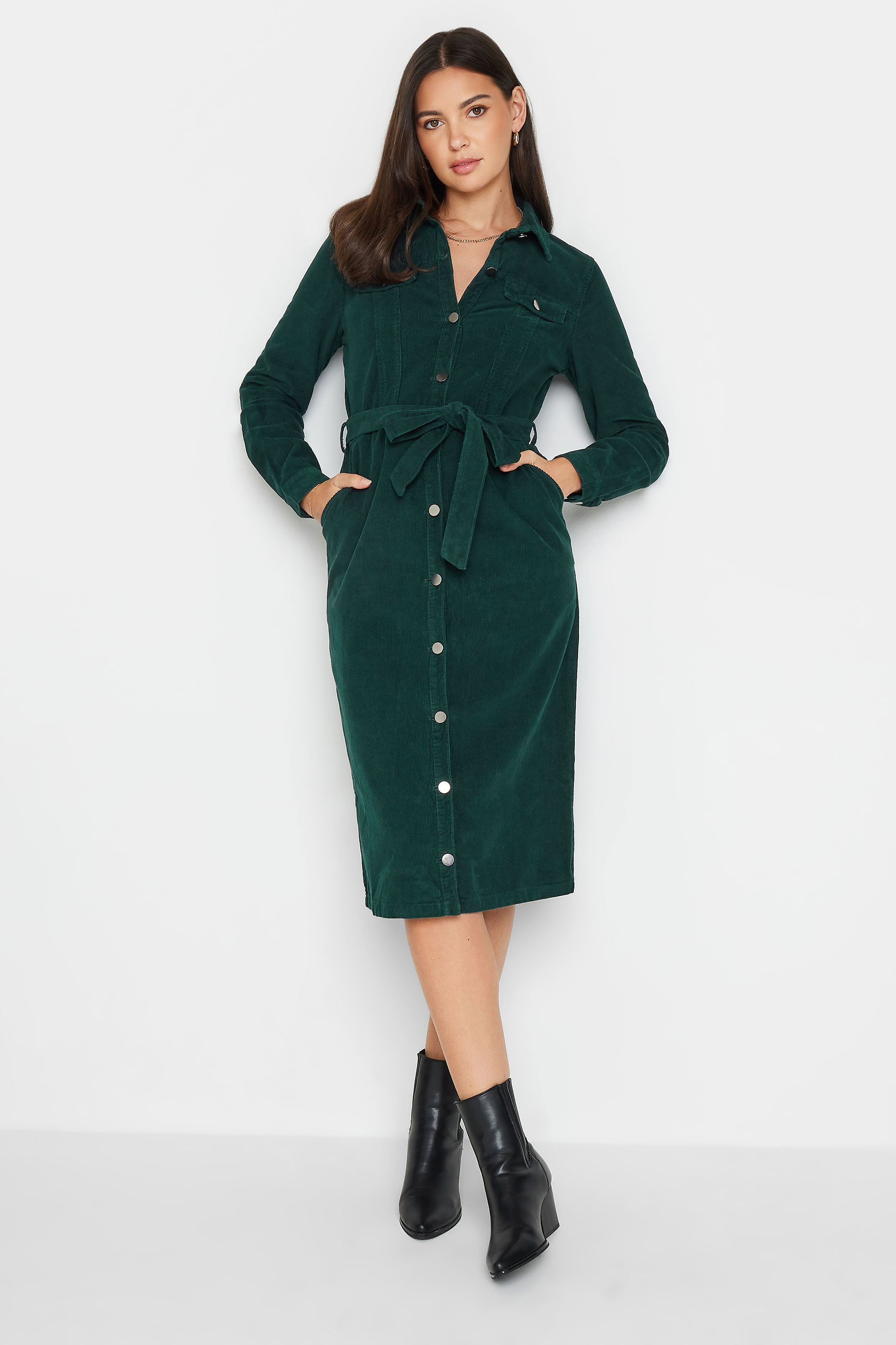 LTS Tall Womens Dark Green Cord Button Down Midi Dress | Long Tall Sally  1