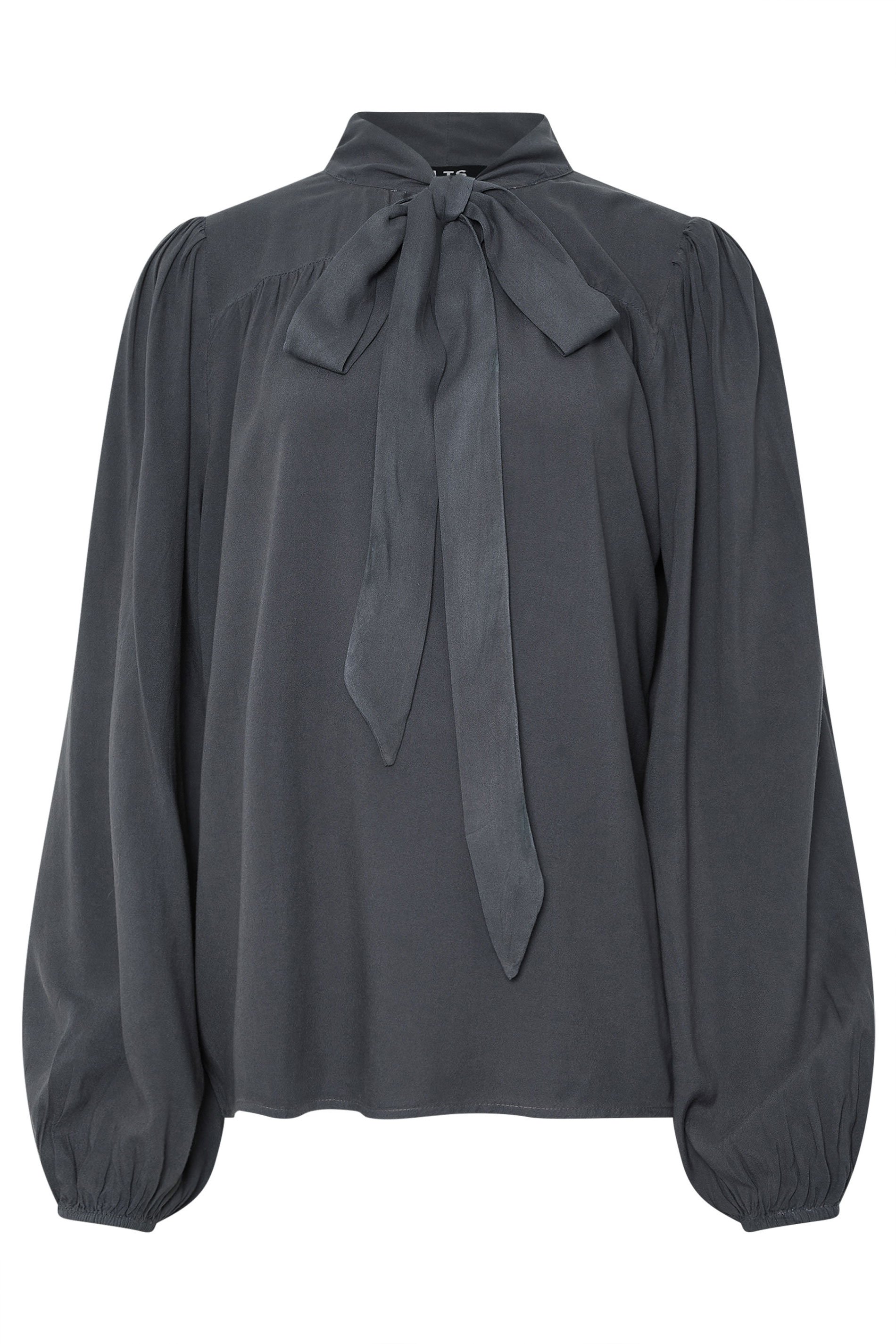 LTS Tall Charcoal Grey Acid Wash Tie Neck Blouse | Long Tall