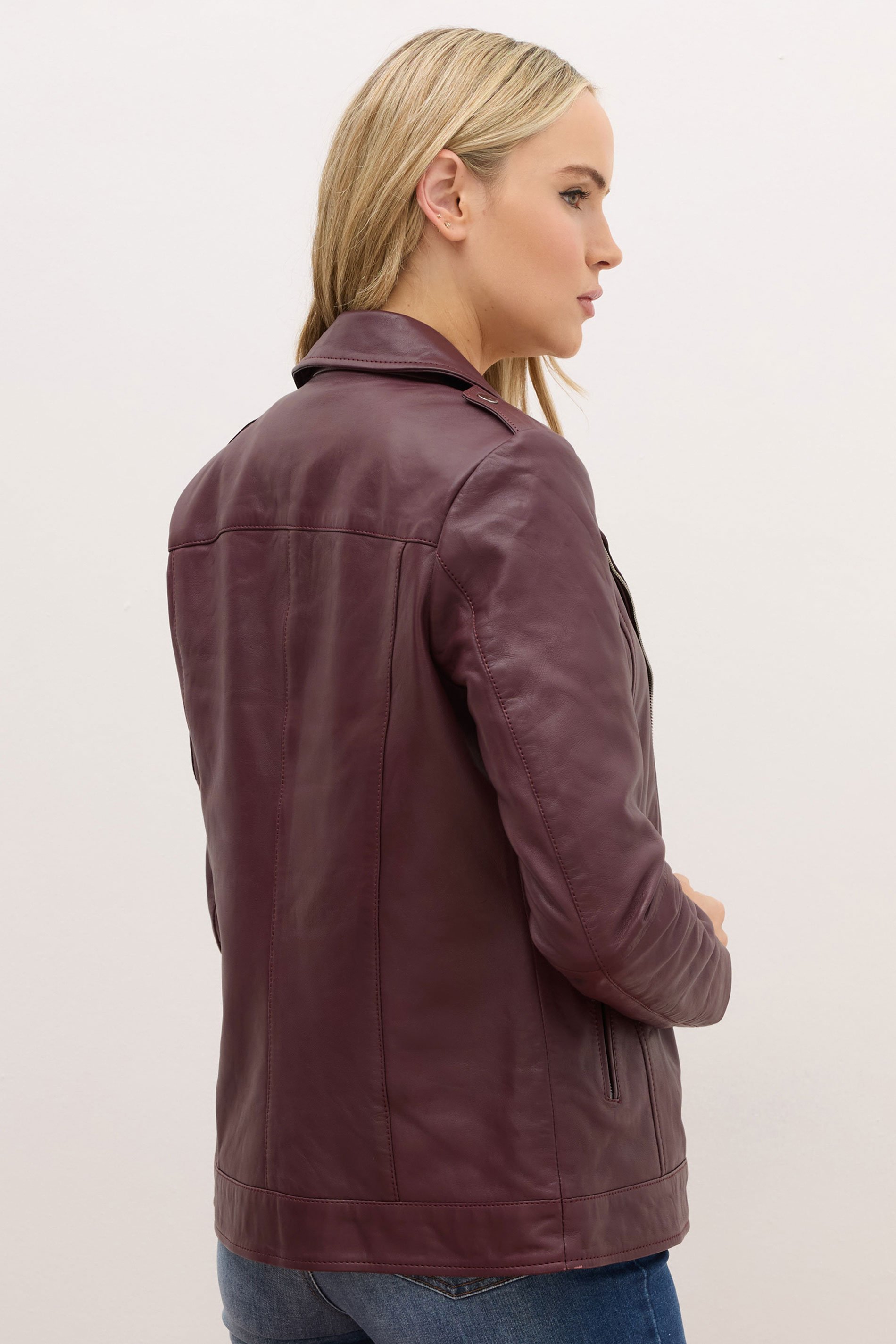 LTS PREMIUM Tall Burgundy Red Leather Biker Jacket | Long Tall Sally 4