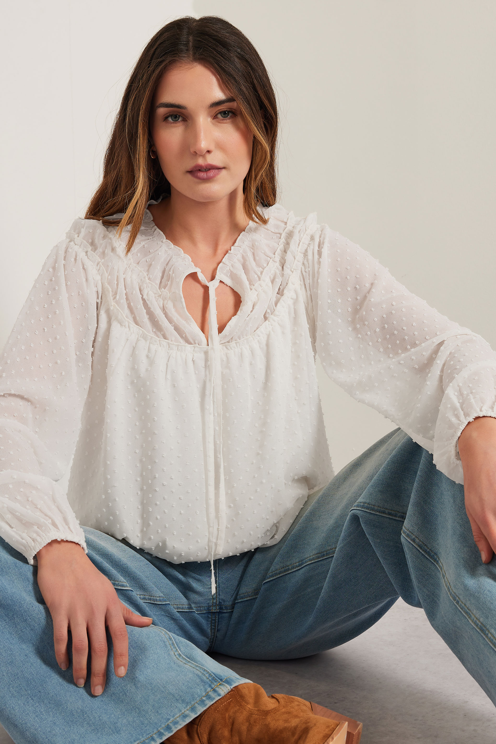 LTS Tall Ivory White Sheer Dobby Tie Neck Blouse | Long Tall