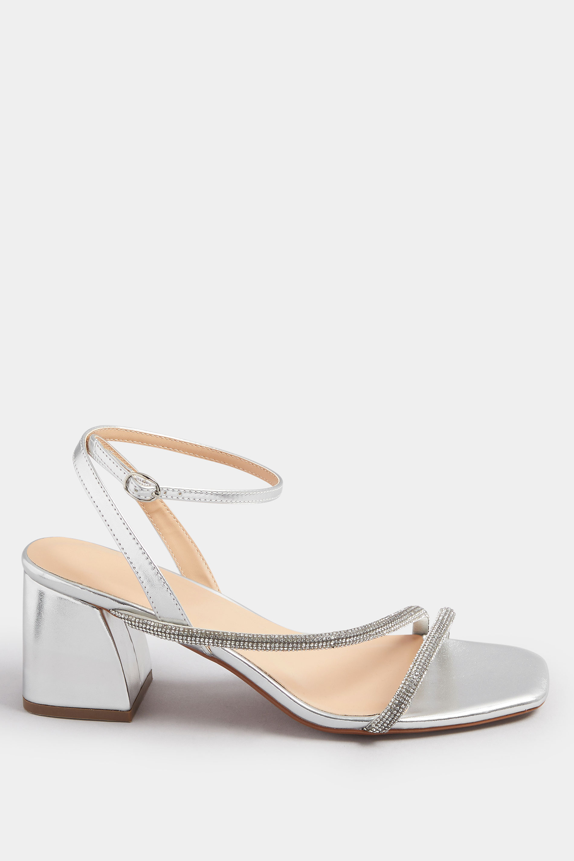Silver Diamante Block Heel Sandals In Extra Wide EEE Fit | Yours Clothing 3