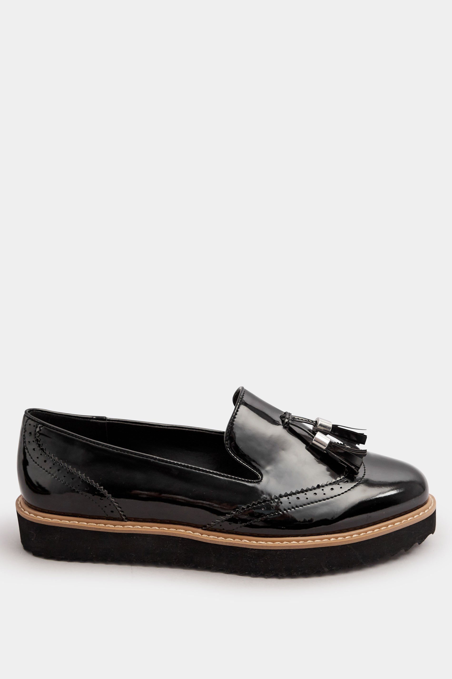 Black Brogued Patent Tassel Loafers In Extra Wide EEE Fit | Yours Clothing 3