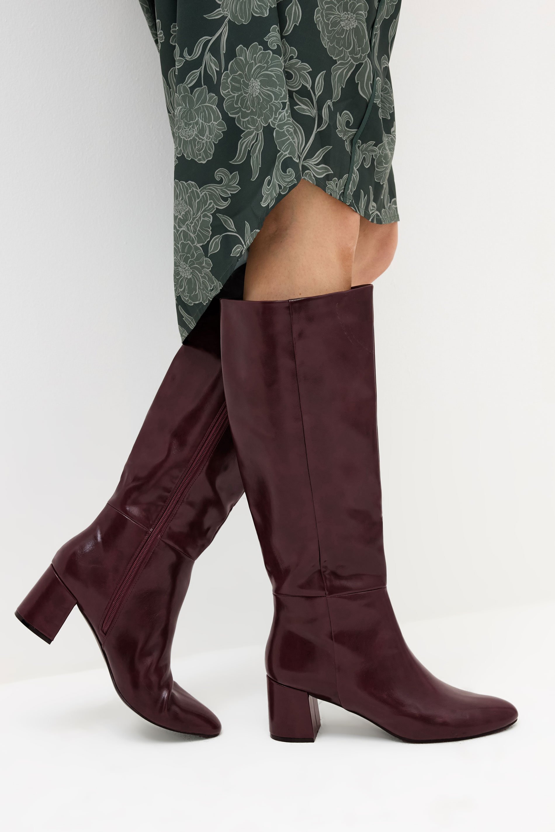 LTS Burgundy Red Patent Knee High Block Boots In Standard Fit | Long Tall Sally 1