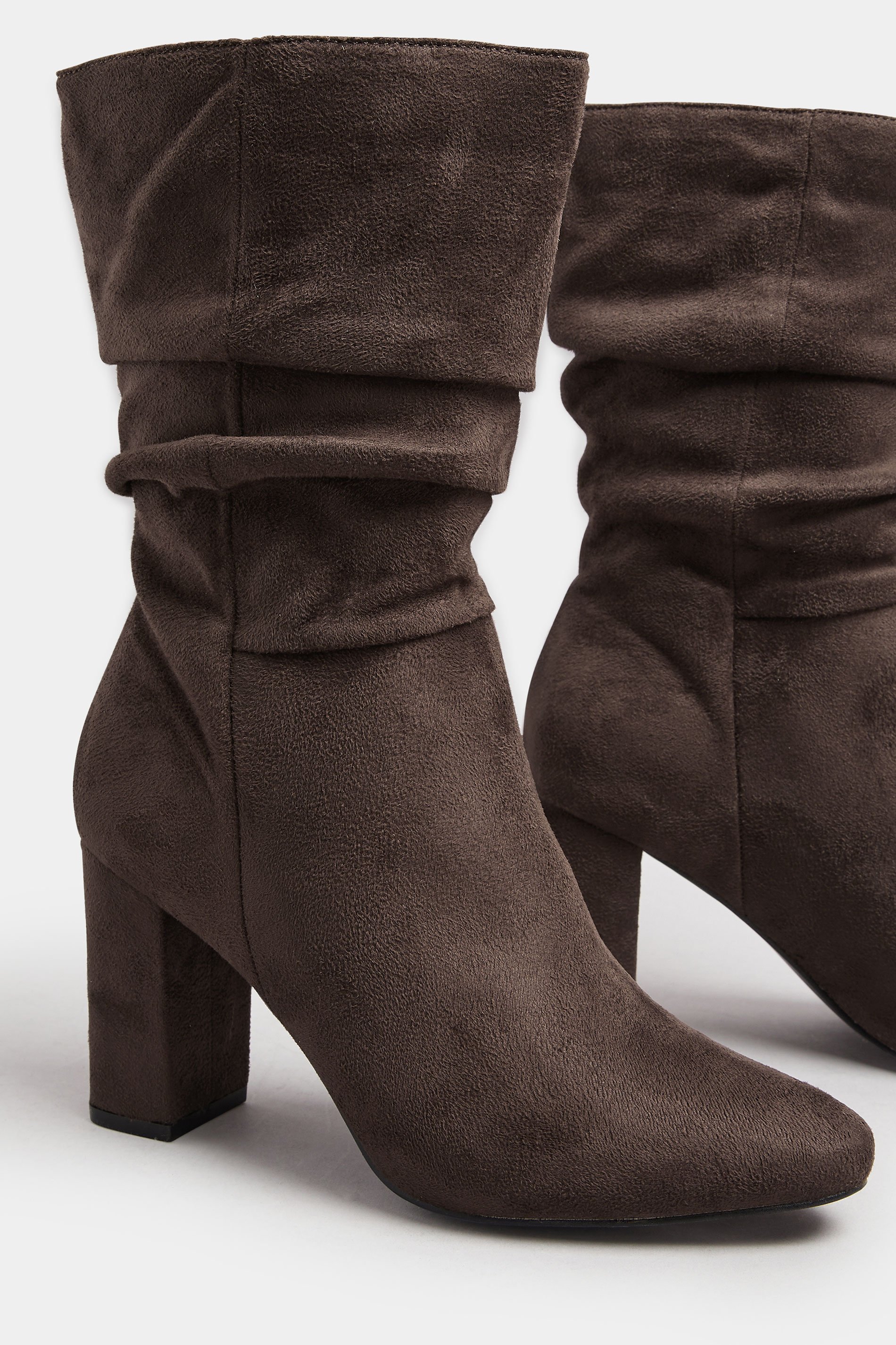 Chocolate Brown Faux Suede Ruched Block Heel Boots In Standard Fit | Yours Clothing 5