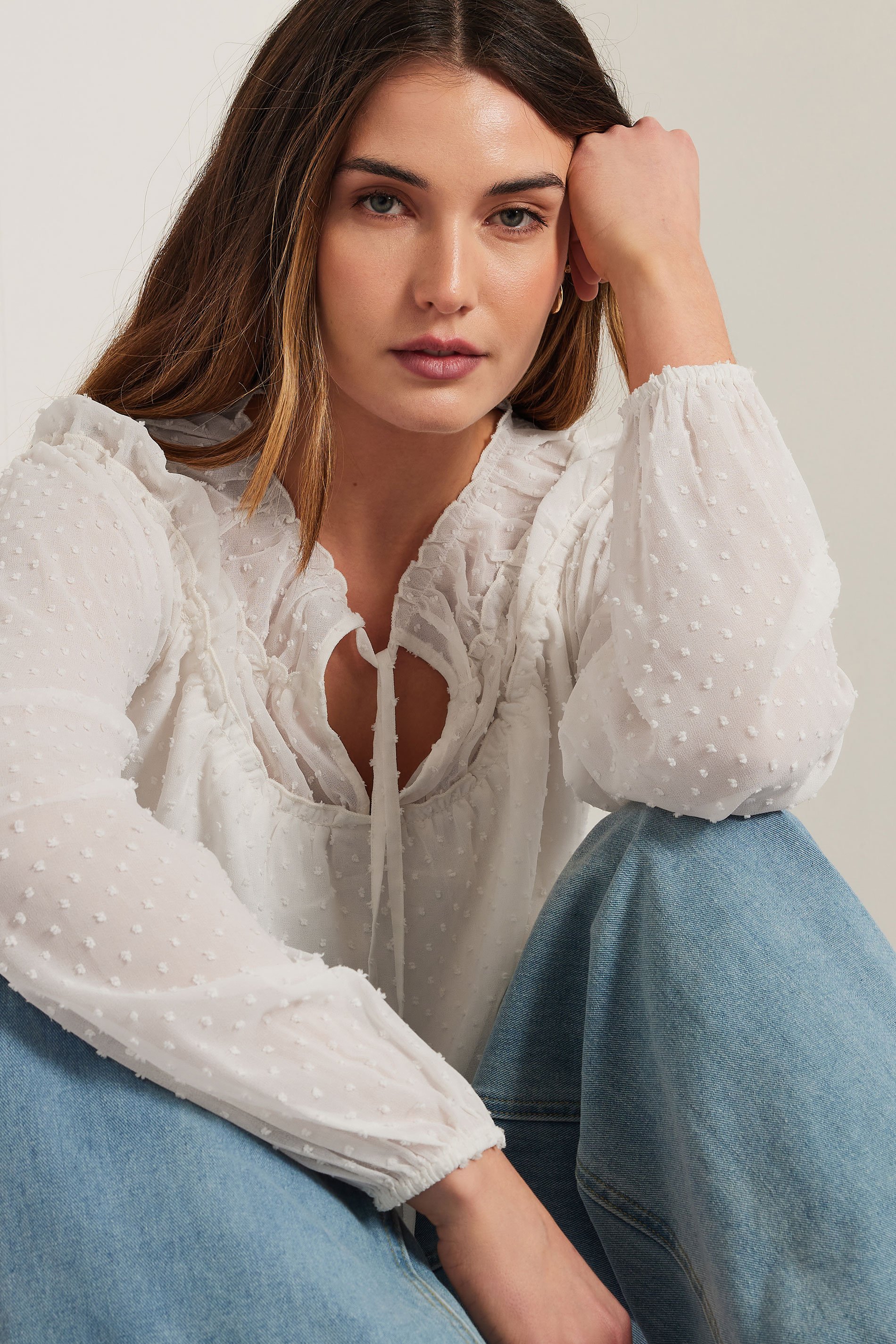 LTS Tall Ivory White Sheer Dobby Tie Neck Blouse | Long Tall Sally 6