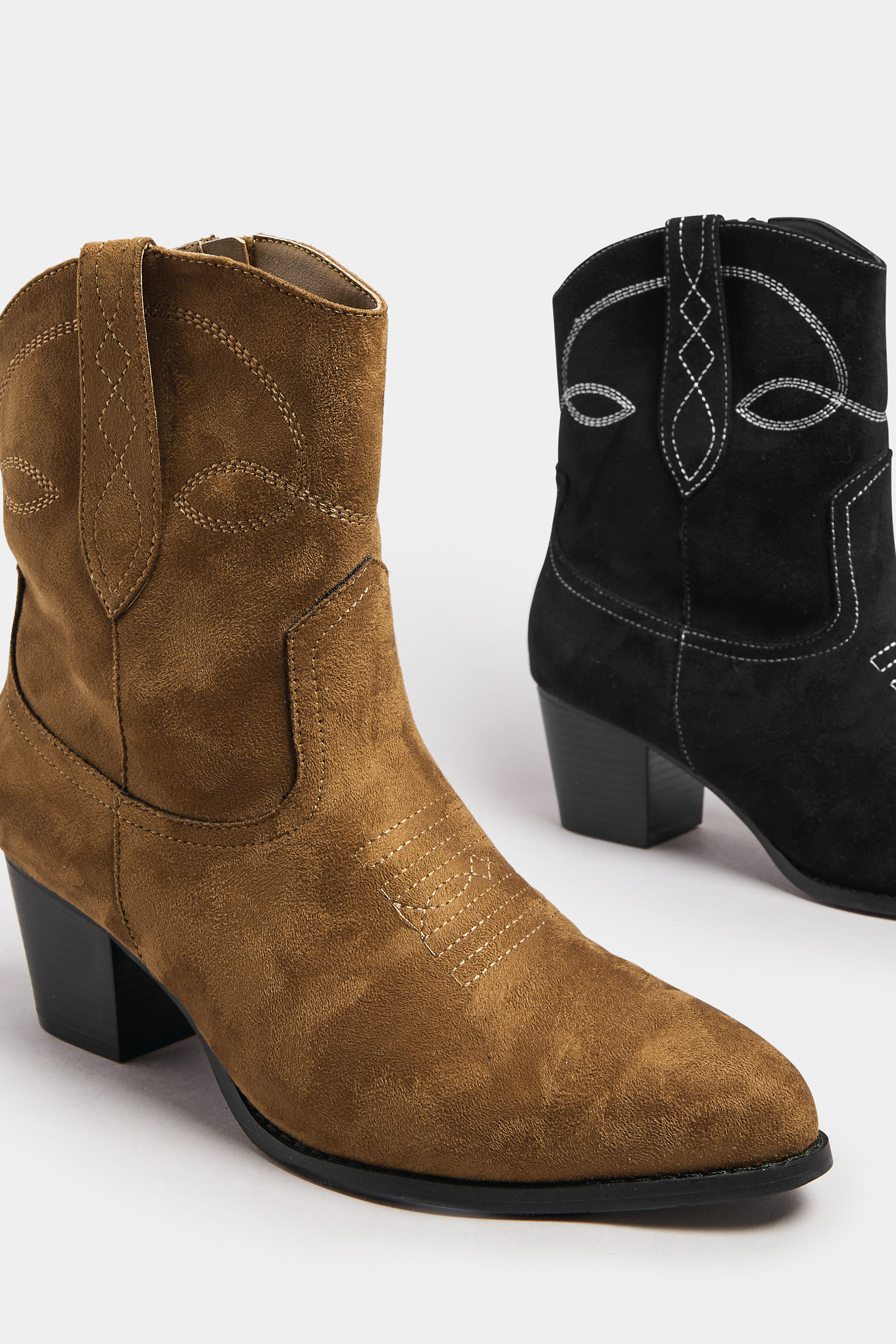 Brown Faux Suede Contrast Stitch Western Heel Ankle Boots In Extra Wide EEE Fit | Yours Clothing 6