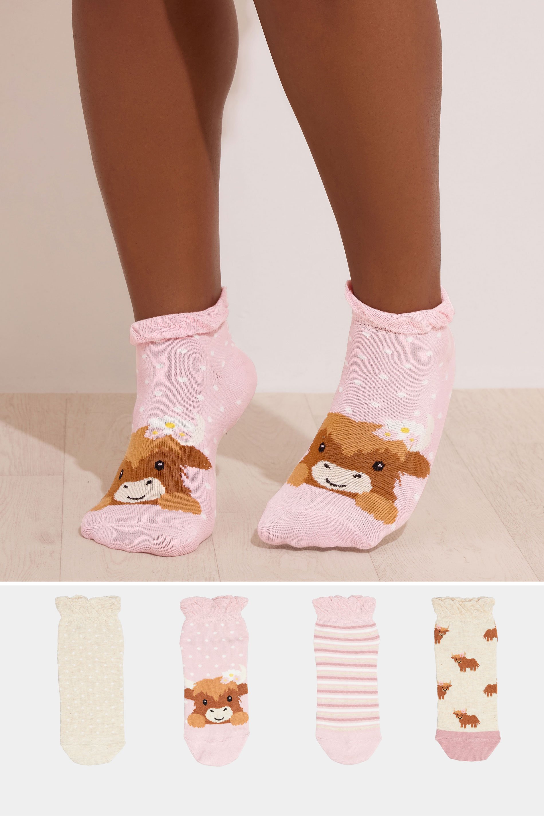 YOURS 4 PACK Plus Size Pink Highland Cow Trainer Liner Socks | Yours Clothing 1