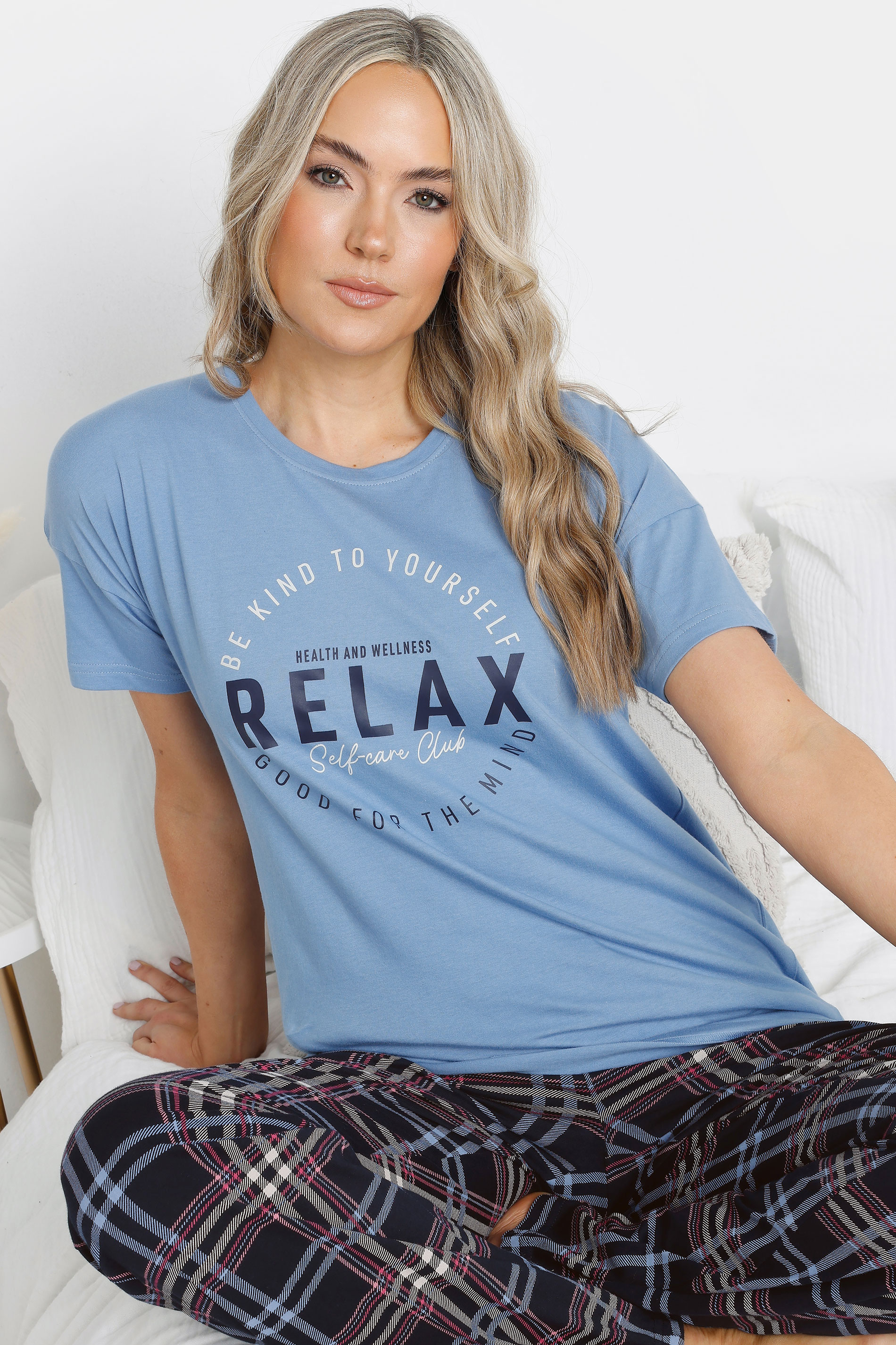 LTS Tall Blue Check 'Self Care' Slogan Wide Leg Pyjama Set | Long Tall Sally 4
