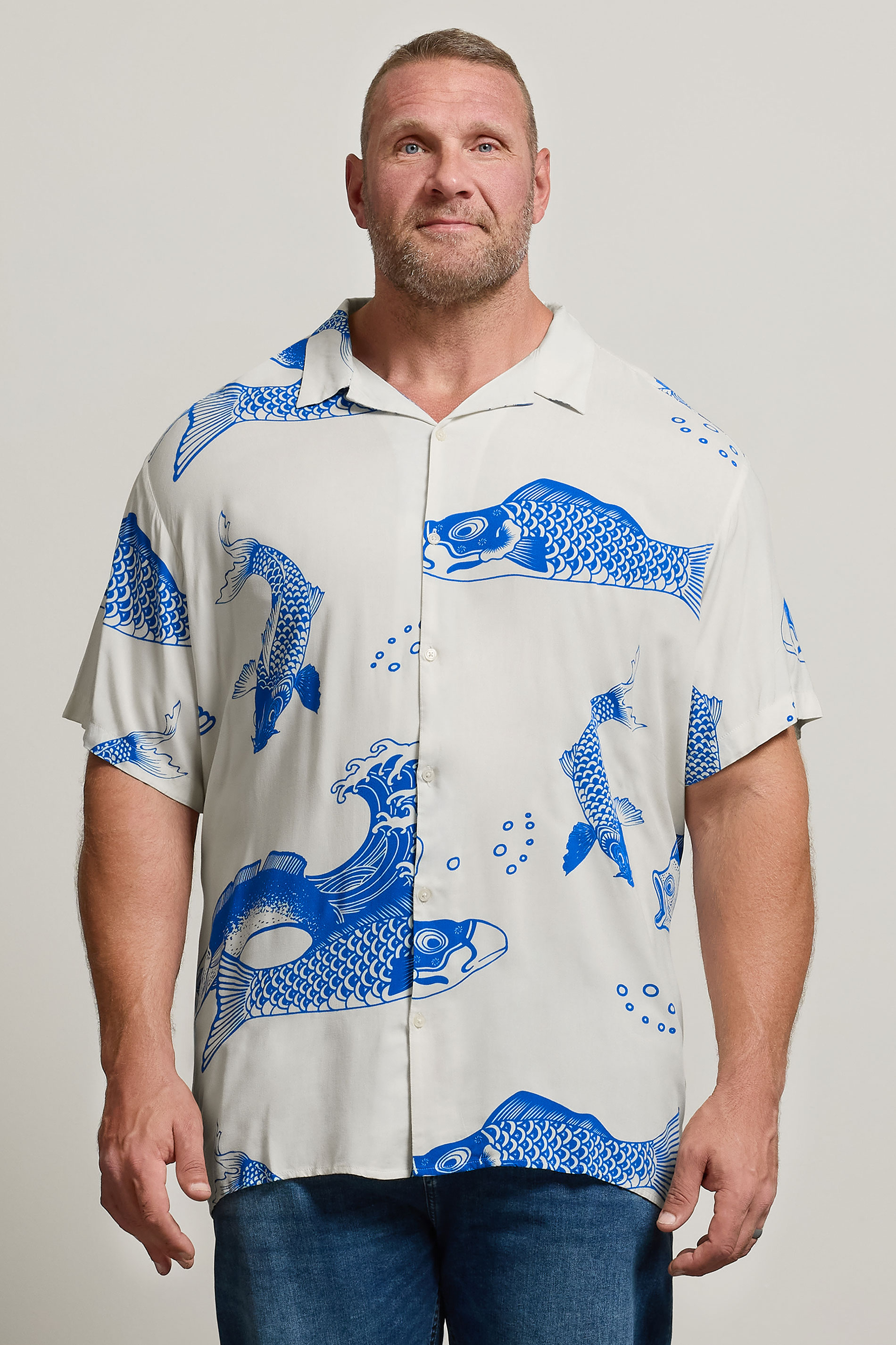 JACK & JONES Big & Tall White & Blue Koi Print Resort Shirt | BadRhino 1