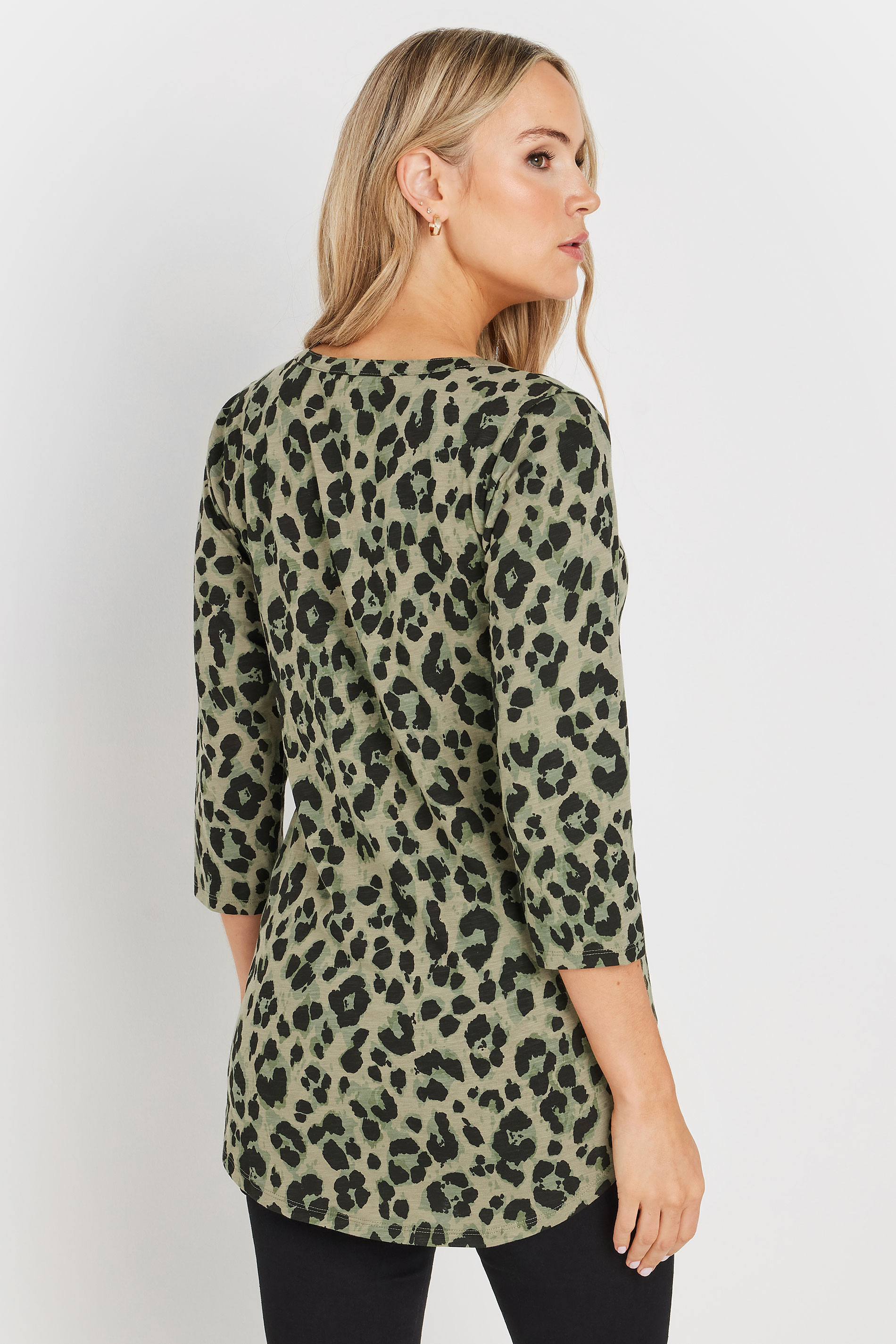 LTS Tall Khaki Green Leopard Print Henley Top | Long Tall Sally 3