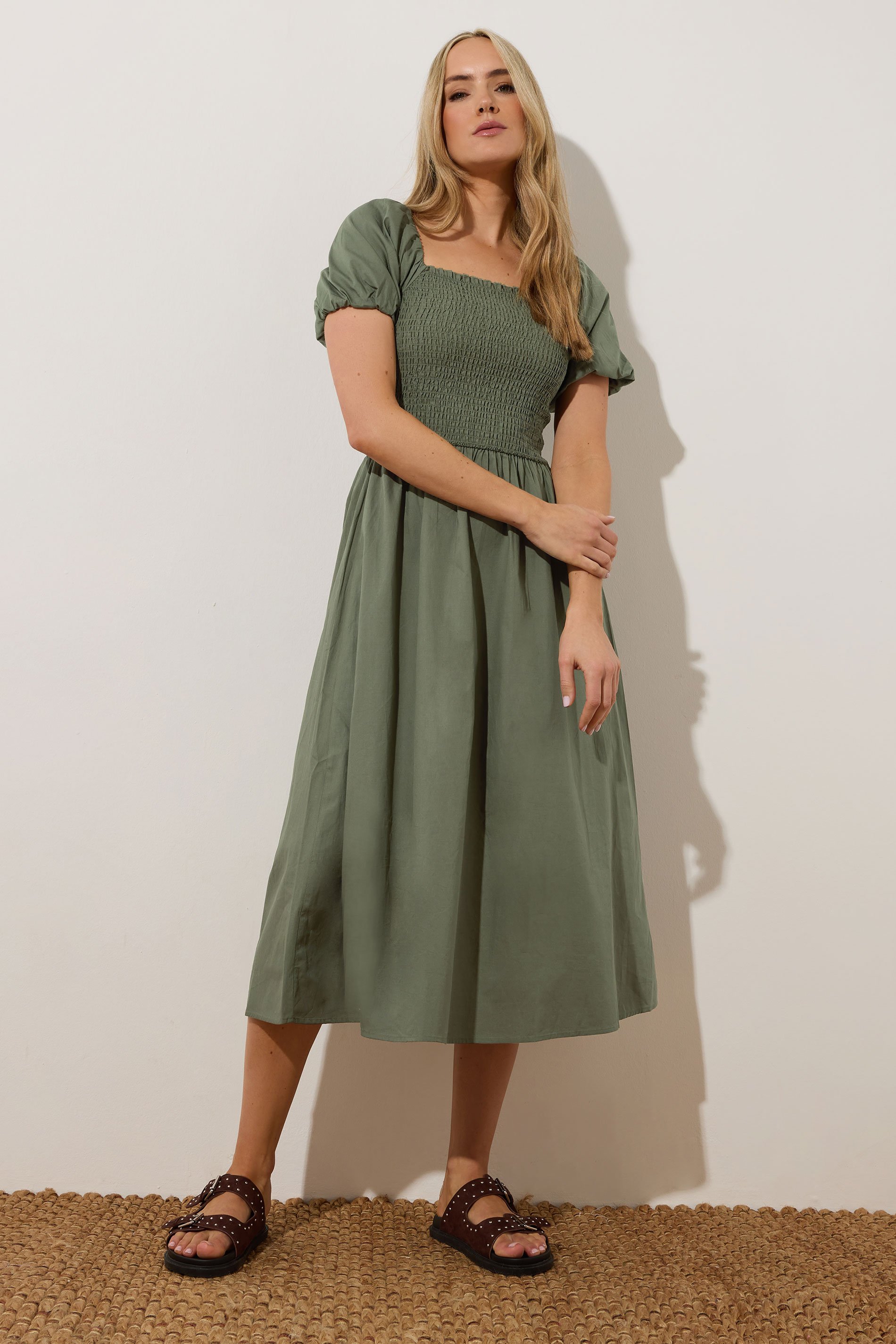 LTS Tall Khaki Green Shirred Puff Sleeve Midi Dress | Long Tall Sally 1
