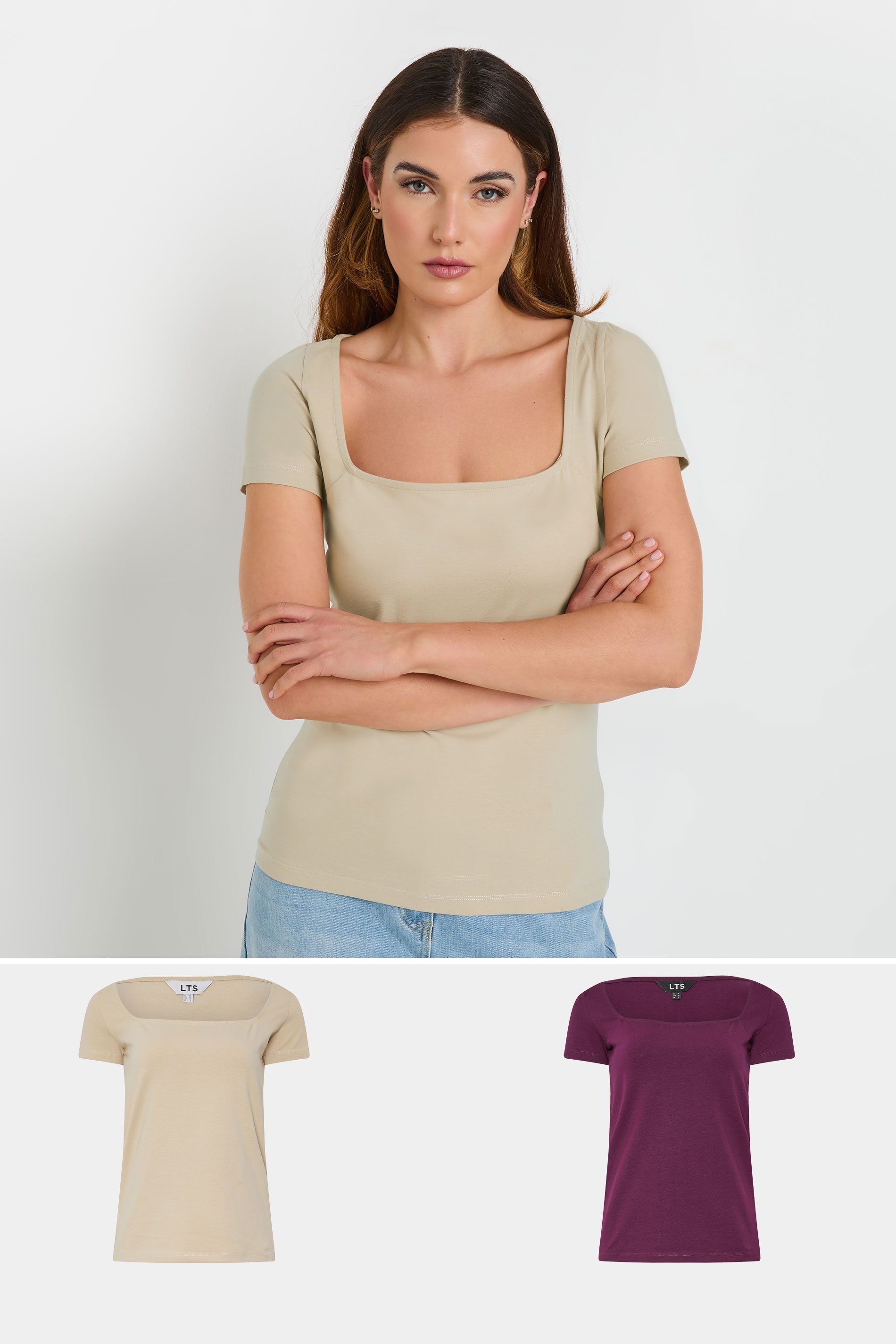 LTS Tall 2 PACK Beige Brown & Red Fitted Square Neck Tops | Long Tall Sally 1