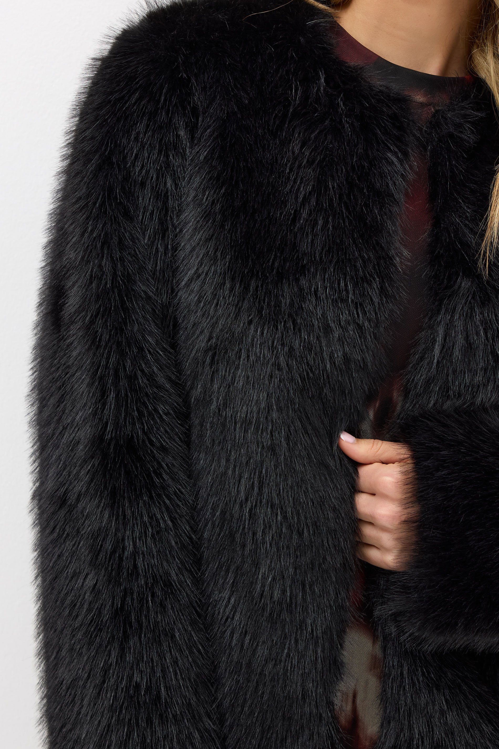 LTS Tall Black Faux Fur Collarless Jacket | Long Tall Sally 5