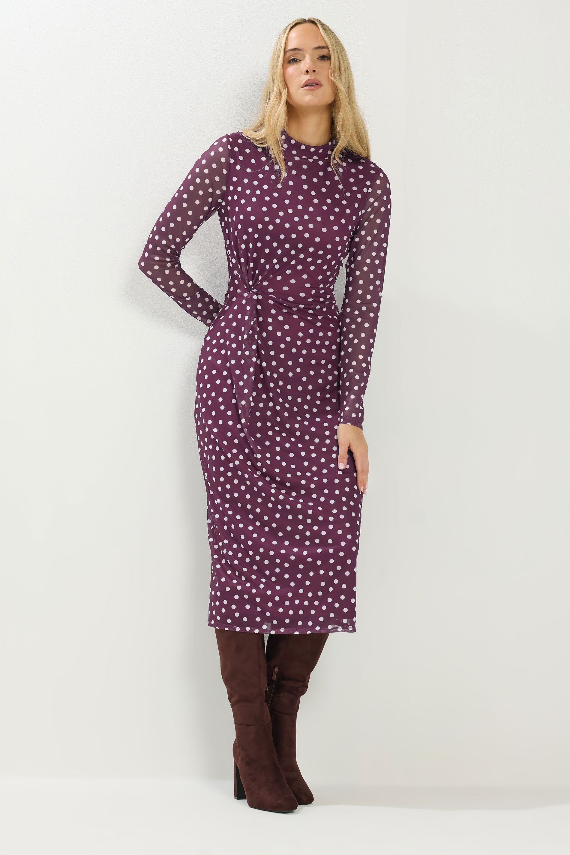 LTS Tall Berry Red Spot Mesh Long Sleeve Maxi Dress | Long Tall Sally 1